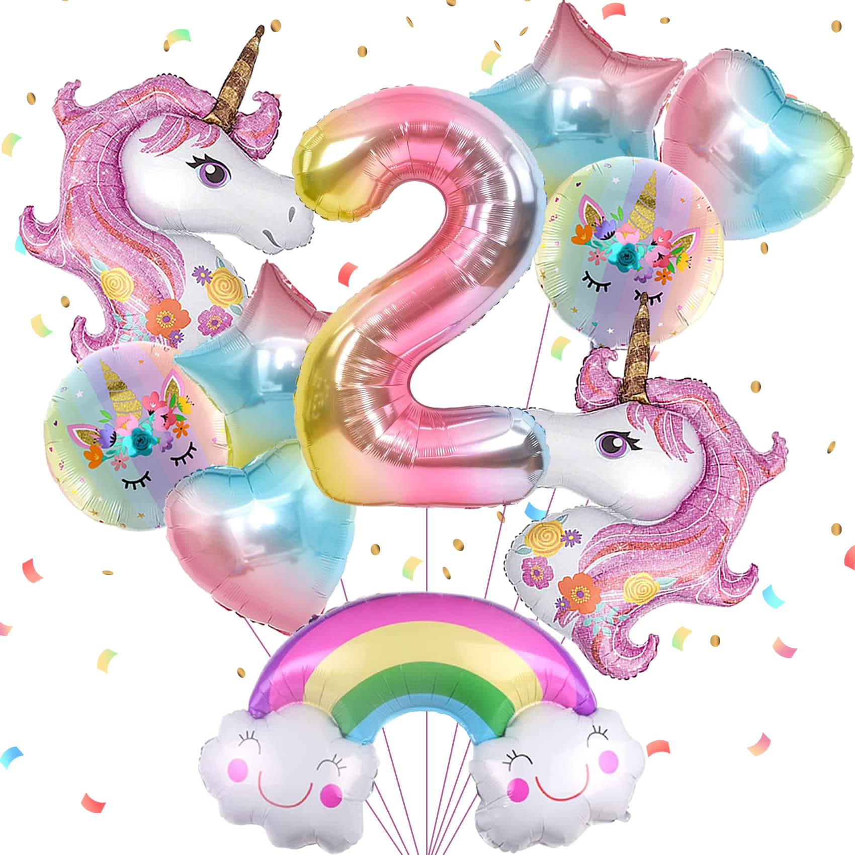JOYYPOP 10pcs Unicorn Balloons Set for Girls Birthday Party Decor - Rainbow, Heart, Star & Number 2 Foil Balloons | Perfect for 2nd Birthday, Baby Shower, Unicorn Theme Party & Kids Room Decor