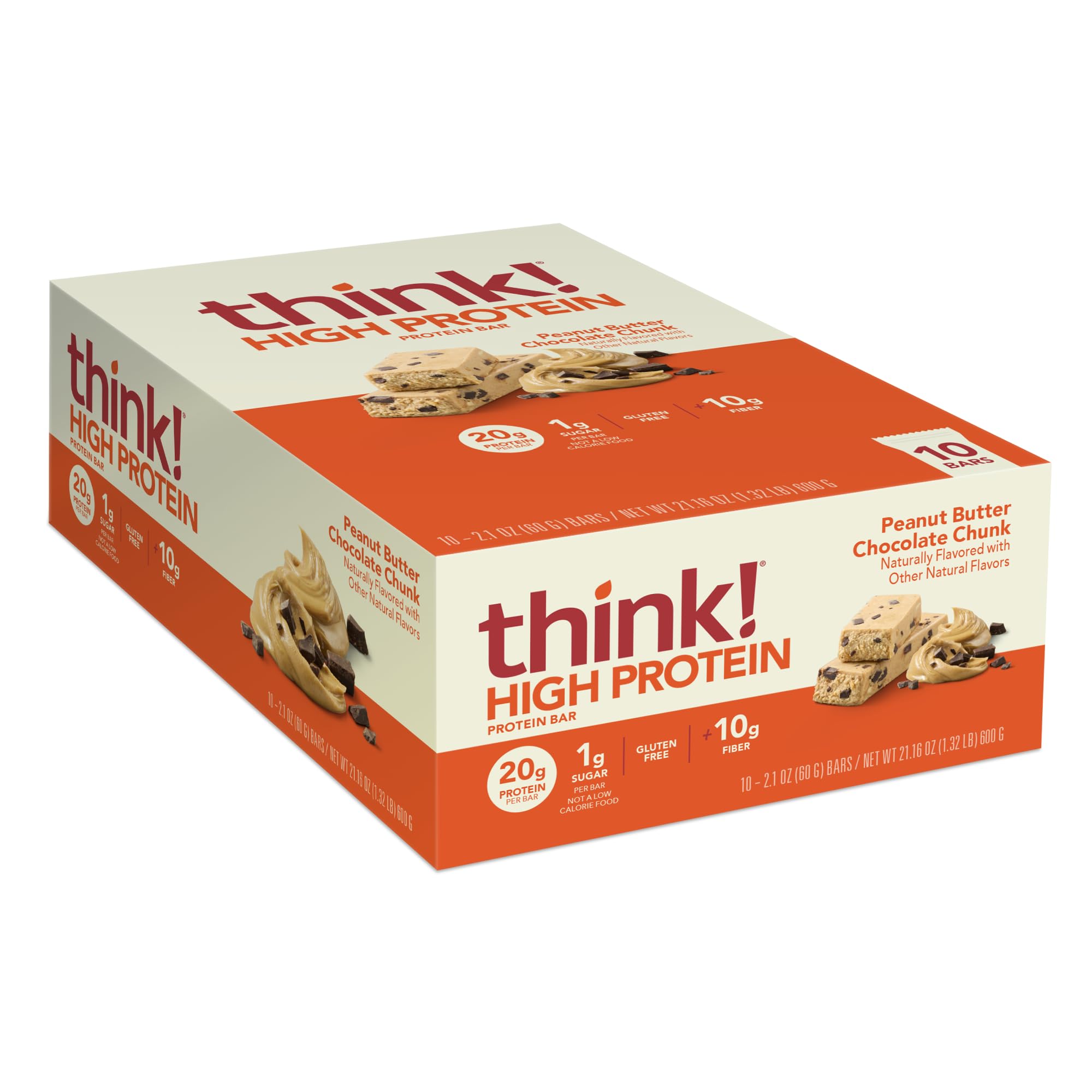 think! Protein Bars - High Protein Snacks, Gluten Free, High Fiber, Peanut Butter Chocolate Chunk (10 Count) | Perfect for Workouts, Hiking & Healthy On-the-Go Nutrition