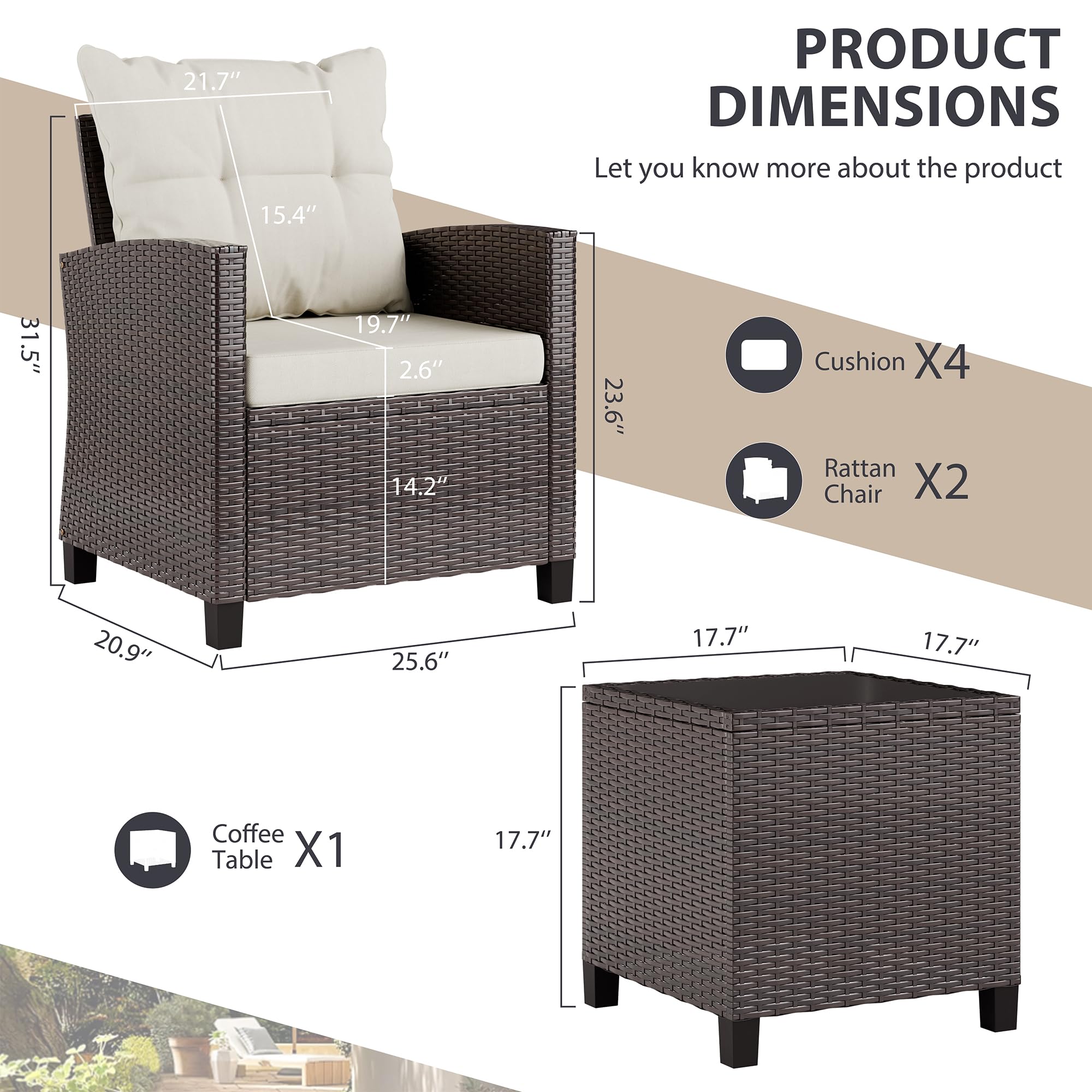 Vongrasig 3-Piece Outdoor Patio Furniture Set - Wicker Rattan Bistro Set with Cushioned Chairs & Glass Table for Porch, Garden, Backyard, Balcony, Poolside (Beige) | Perfect for Small Spaces, Relaxing Mornings & Outdoor Entertaining