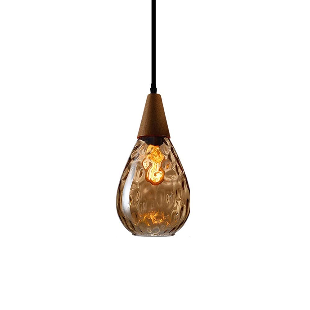 Hammered Glass Pendant Light Fixture - Modern Wood Ceiling Hanging Lamp with E27 Base for Dining Room, Kitchen Island, Bedroom & Bedside Lighting | Rustic Industrial Chandelier for Home Decor