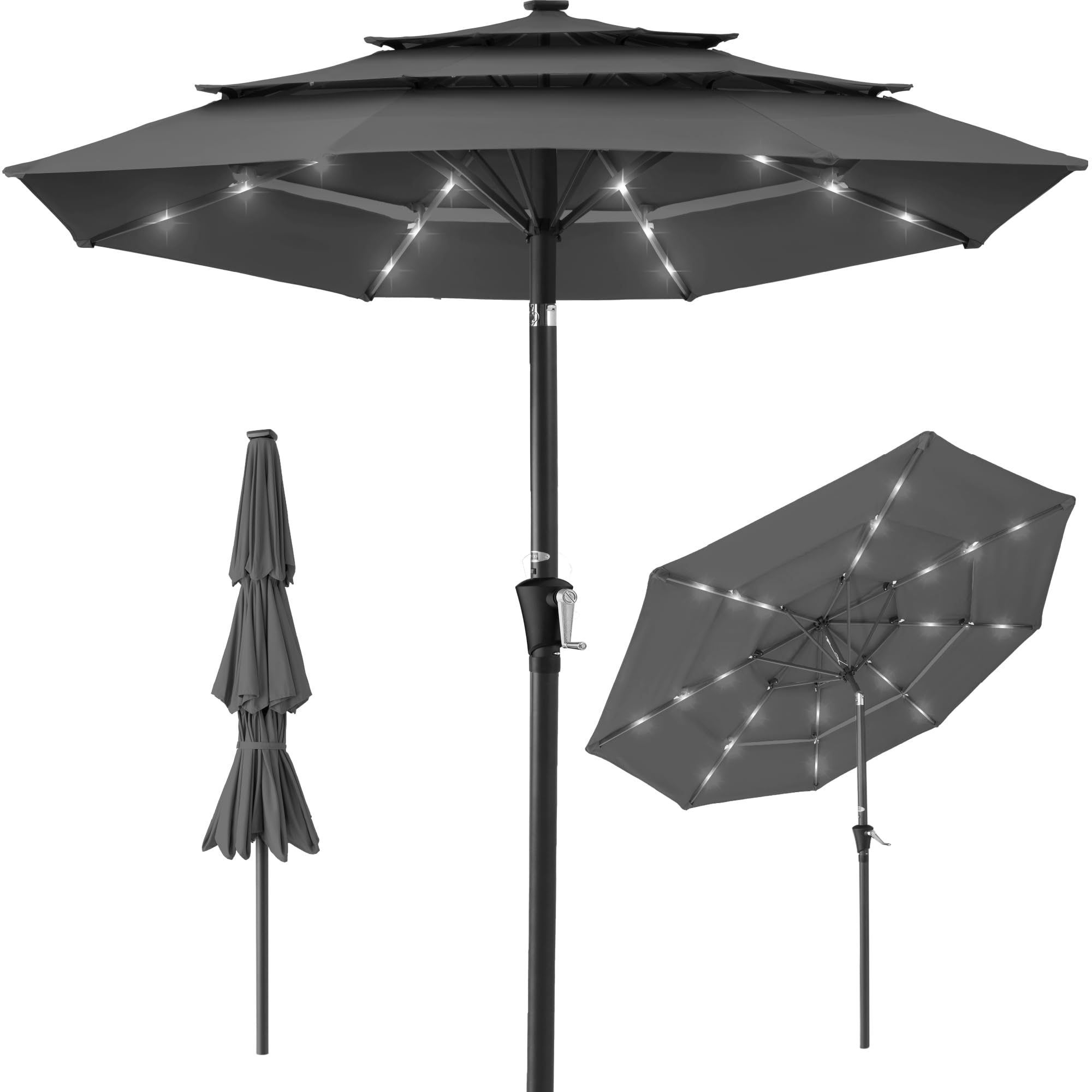 Best Choice Products 10ft 3-Tier Solar Patio Umbrella with LED Lights - Adjustable Tilt, Easy Crank, 8 Sturdy Ribs - Perfect for Backyard, Deck, Poolside & Outdoor Dining (Gray)