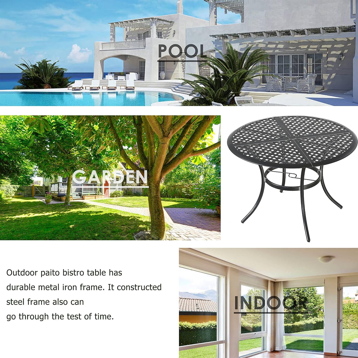 LOKATSE HOME 42.1 Inch Round Outdoor Patio Dining Table with Umbrella Hole - Weather-Resistant Steel Frame Metal Table for Garden, Backyard, Lawn, Balcony, Deck - Perfect for Outdoor Entertaining & Family Gatherings (Black)