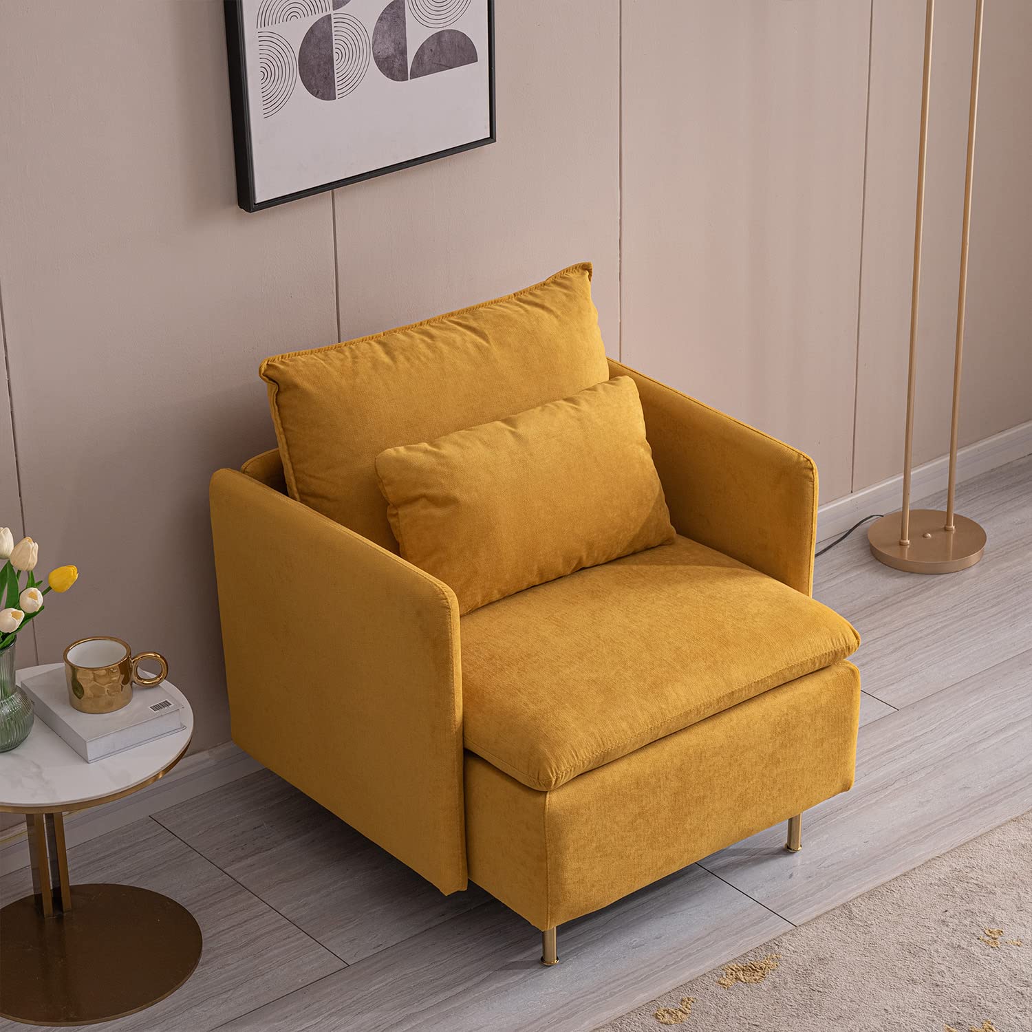 Kevinplus Modern Accent Chair - Mid-Century Armchair with Gold Metal Legs & Cotton Linen Fabric in Yellow | Comfortable Living Room, Bedroom Lounge Chair | Perfect for Reading Nook, Home Office, or Cozy Corner Decor