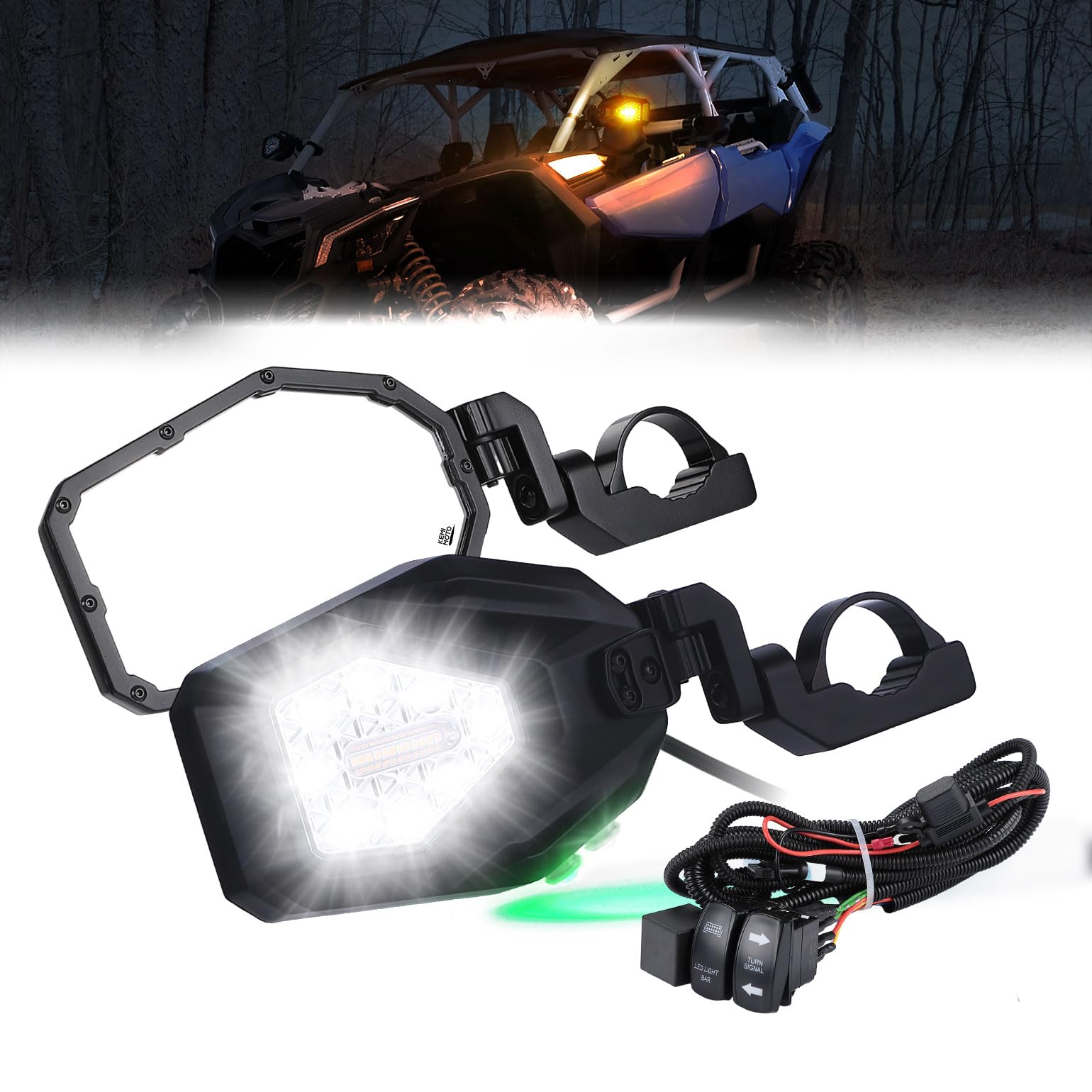 KEMIMOTO UTV LED Side Mirrors with Turn Signal, Spot & Ground Light - Heavy Duty Rally Mirrors for 1.6-2