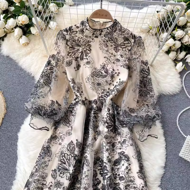 Elegant Embroidered Mesh Long Sleeve Dress for Women | Fall Fashion Party Wear | Perfect for Weddings, Evening Events & Special Occasions