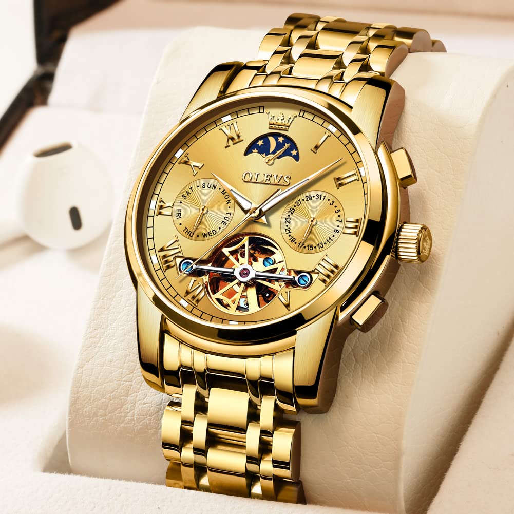 OLEVS Men's Automatic Mechanical Tourbillon Watch - Self-Winding Luxury Stainless Steel Waterproof Wristwatch with Luminous Hands & Date Display | Perfect for Business, Formal Events & Everyday Wear