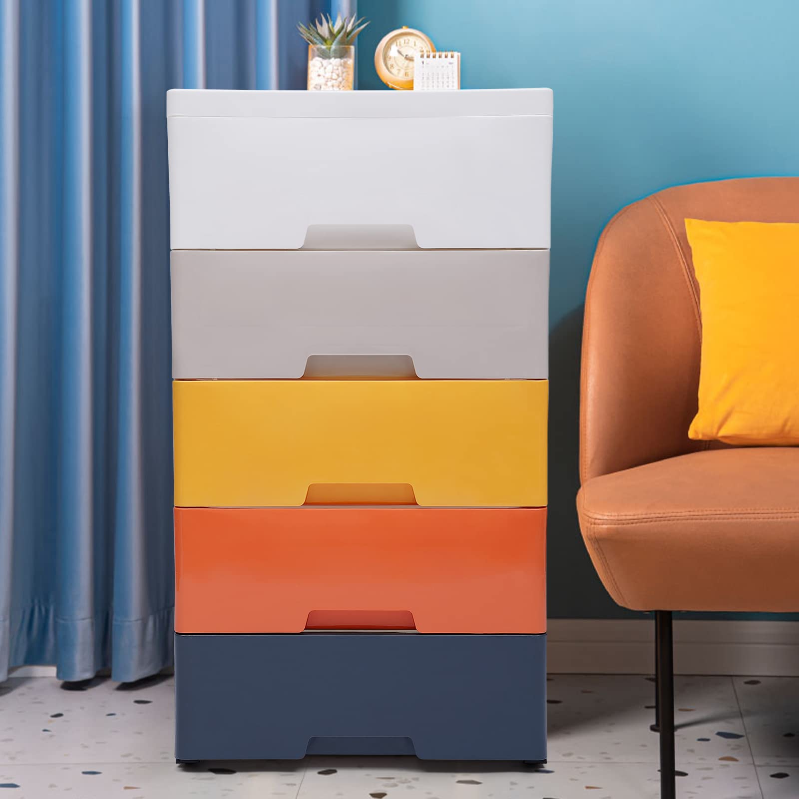 5-Drawer Plastic Storage Dresser with Wheels - Organizer for Clothes, Toys, Snacks - Perfect for Bedroom, Living Room, Playroom & Kids Room (Colorful) - Space-Saving Mobile Storage Solution