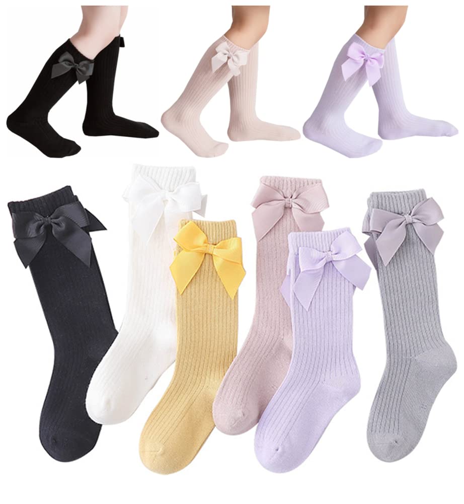 Little Girls' Knee High Socks with Bow Stitching - 6 Pack Cotton Dress & Casual Long Stockings for School, Party, and Everyday Wear (6 Colors)