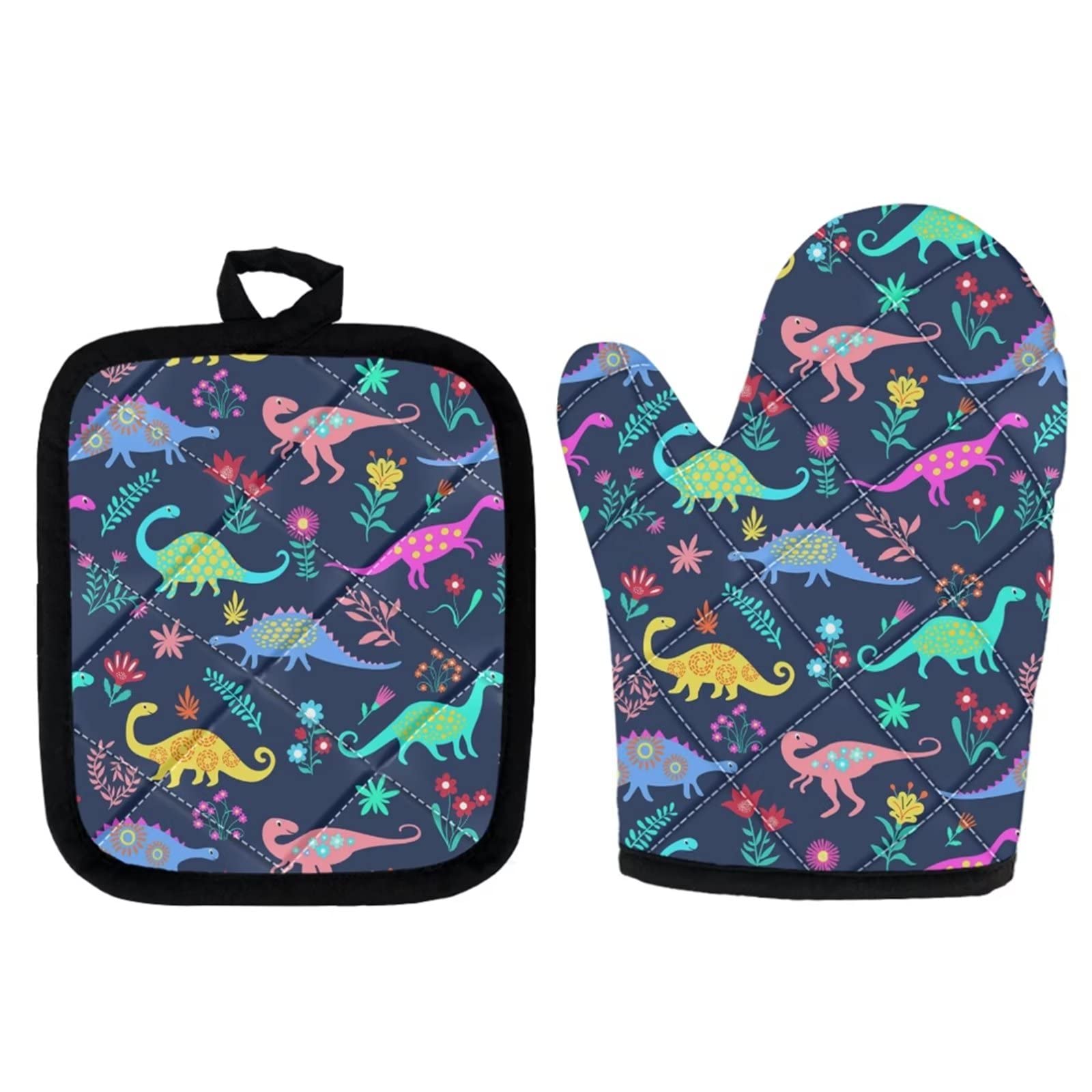 Dinosaur Oven Mitts Set of 2 - Heat Resistant Kitchen Gloves with Thick Cotton Lining for Baking, Grilling & BBQ - Non-Slip Pot Holders for Safe Cooking - Fun Cartoon Design for Kids & Adults