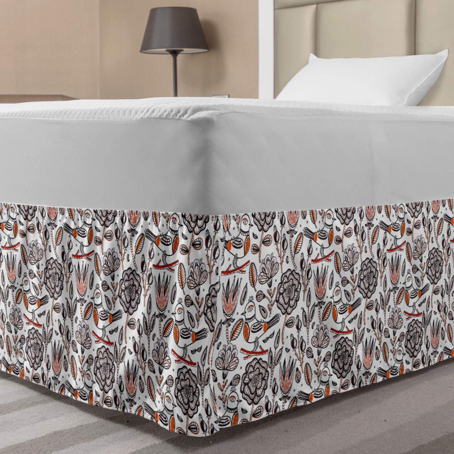 Ambesonne Floral Elastic Bed Skirt - Colorful Birds & Tulips Design, Wrap Around Dust Ruffle for Twin/Twin XL Beds, White Multicolor | Perfect for Bedroom Decor & Guest Room Styling