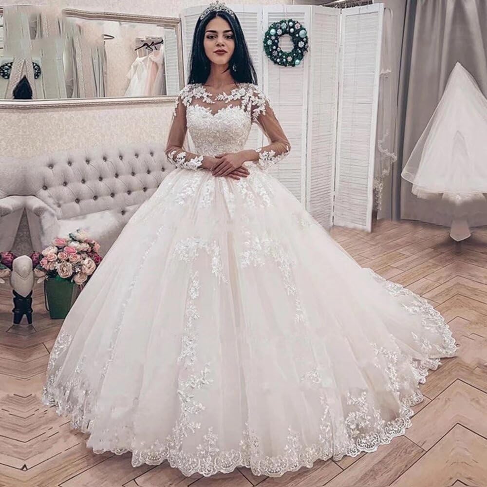 Elegant Long Sleeve Lace Wedding Dress for Women - Ball Gown Bridal Gown with Applique Details | Perfect for Church Ceremonies, Formal Weddings & Bride Portraits