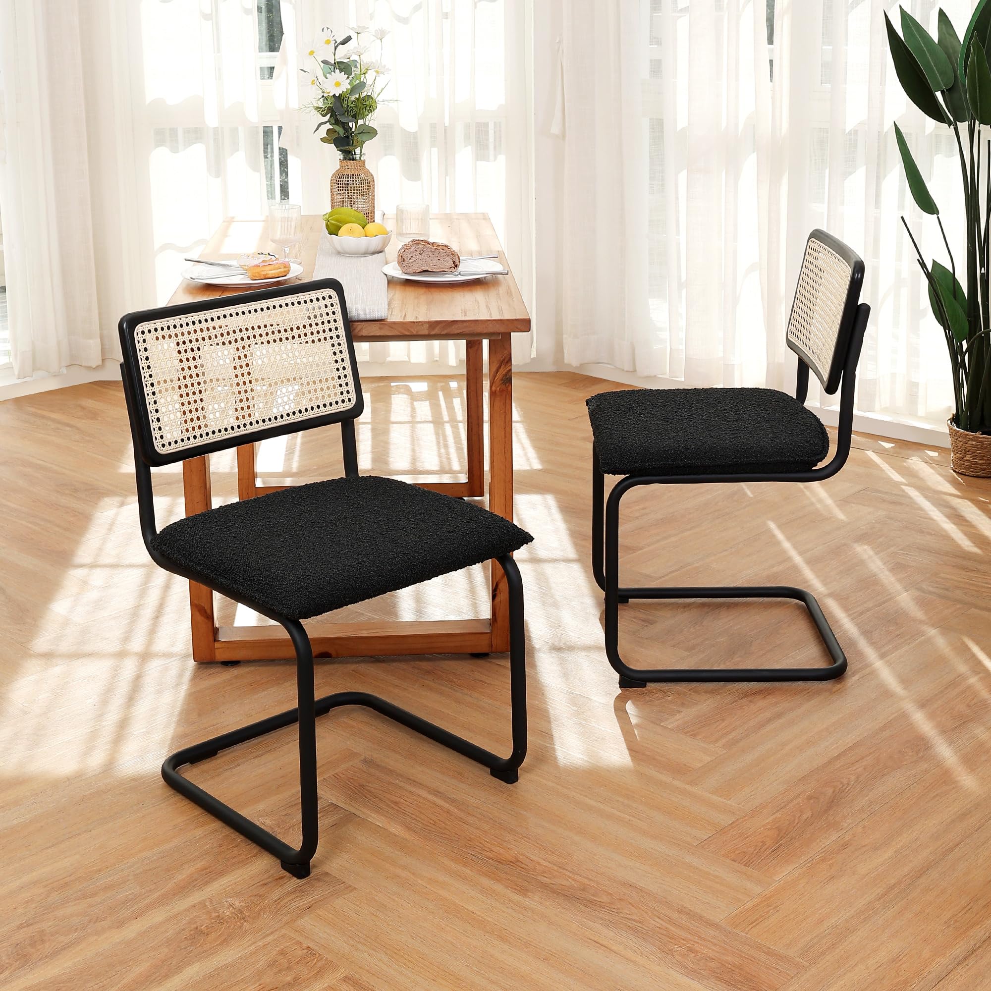 ONEVOG Set of 2 Modern Boucle Dining Chairs - Upholstered Cane Chairs with Natural Rattan Back & Sturdy Metal Frame - Comfortable Accent Chairs for Dining Room, Kitchen or Living Room Decor - Perfect for Small Spaces & Modern Home Interiors (Black)
