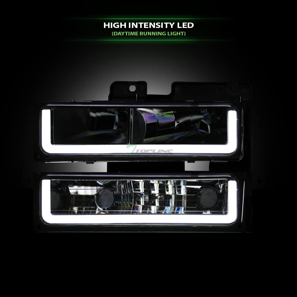1988-2000 Chevy GMC C10 C/K Pickup Suburban Silverado Sierra Tahoe Yukon LED DRL Strip Bar Chrome Headlights with Turn Signal Bumper Lights - Upgrade for Night Driving & Off-Road Adventures