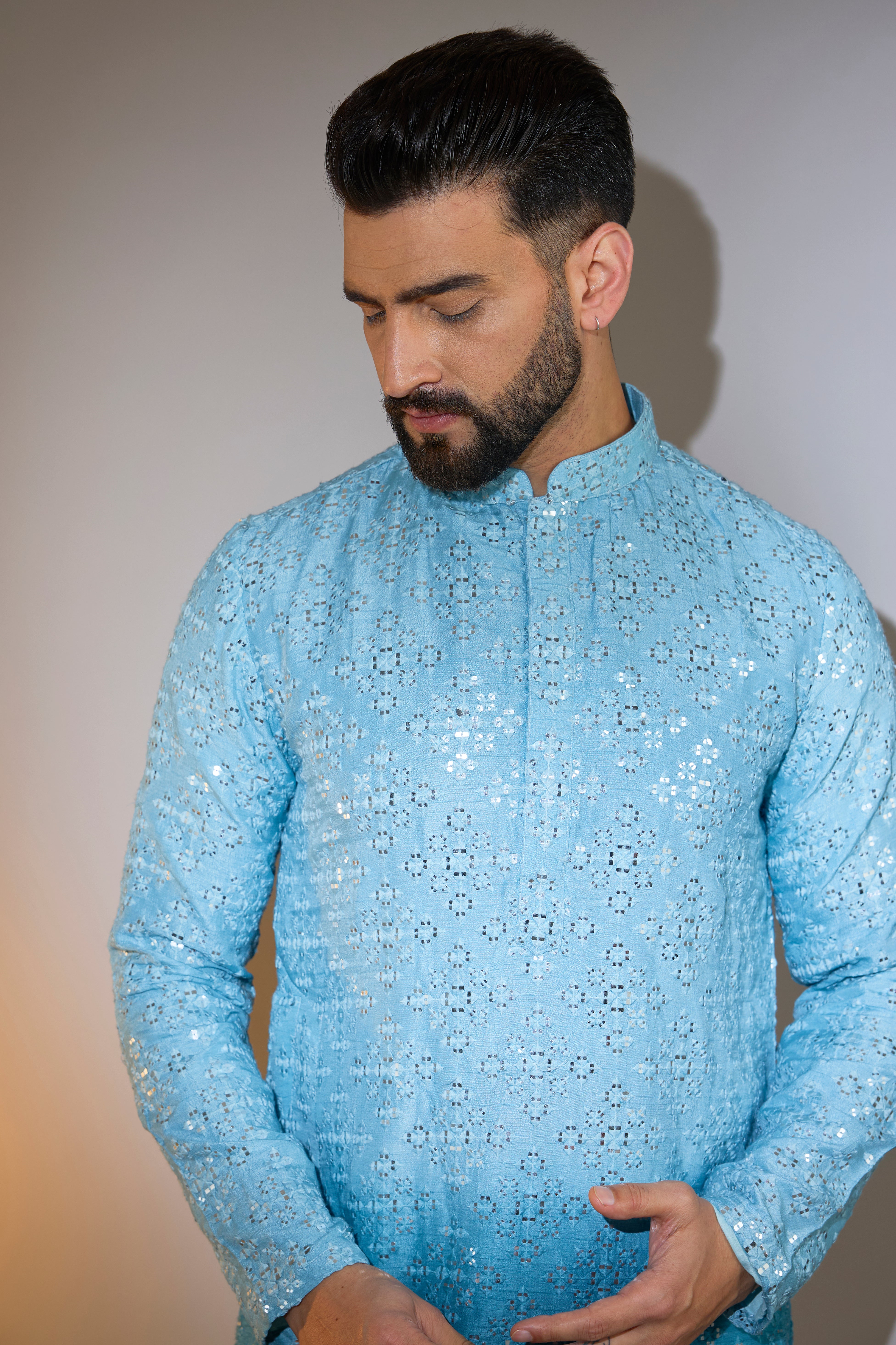 Ombre Shaded Blue Mirror Work Kurta - Traditional Indian Embroidered Tunic for Women - Perfect for Festivals, Weddings & Ethnic Parties