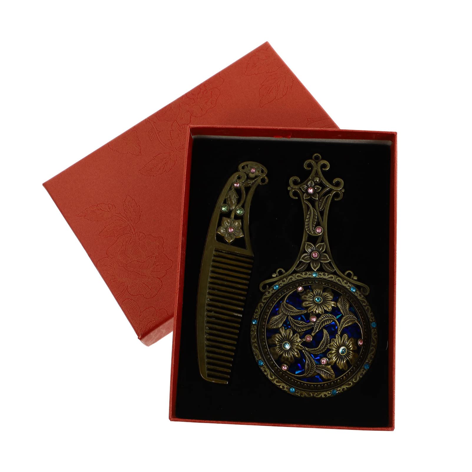 Vintage Handheld Mirror and Comb Set - Antique Royal Style Cosmetic Mirror with Decorative Tabletop Stand - Random Color (Tan) - Perfect for Makeup, Vanity Decor, and Gift Giving