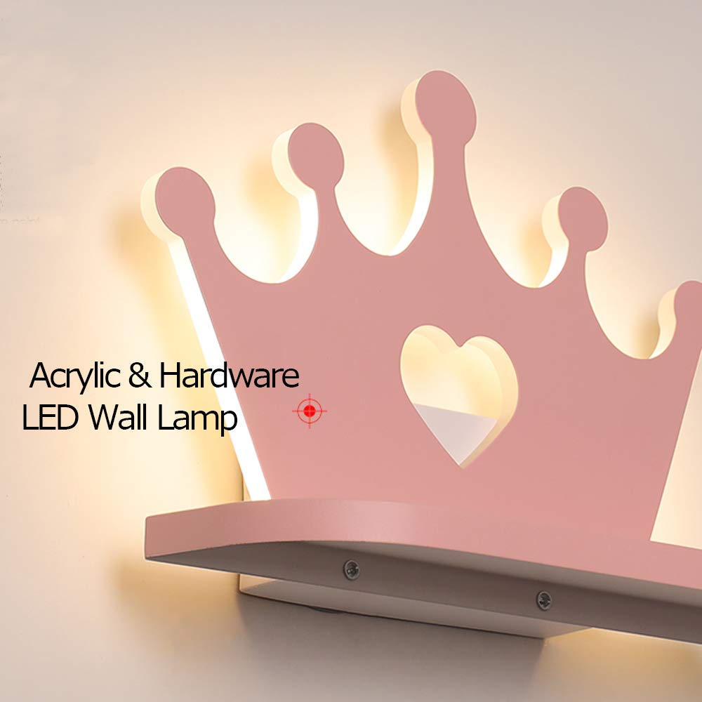 ANYE 12W Warm White LED Wall Sconce with Acrylic Shade - 5.9ft UL Plug-in Cord, Pink Imperial Crown Design for Kids Room, Nursery, Bedroom & Home Decor Lighting (Model BD1334)
