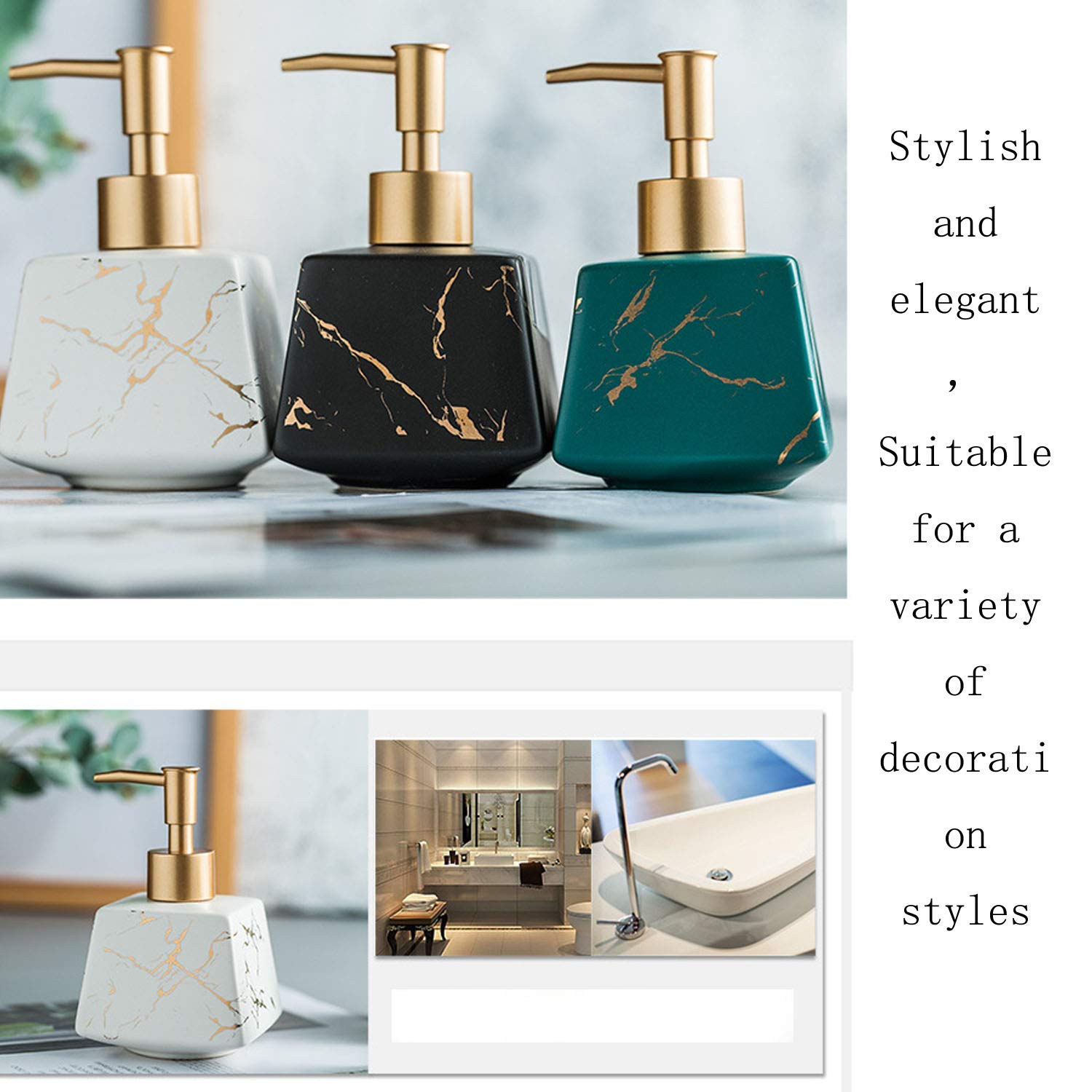 Premium Ceramic Soap Dispenser with Gold Pump - 8oz Square Bathroom Liquid Soap Bottle for Hand Soap, Lotion & Shampoo - Elegant Black & White Design - Perfect for Modern Bathrooms, Spa-Like Showers & Luxury Vanities