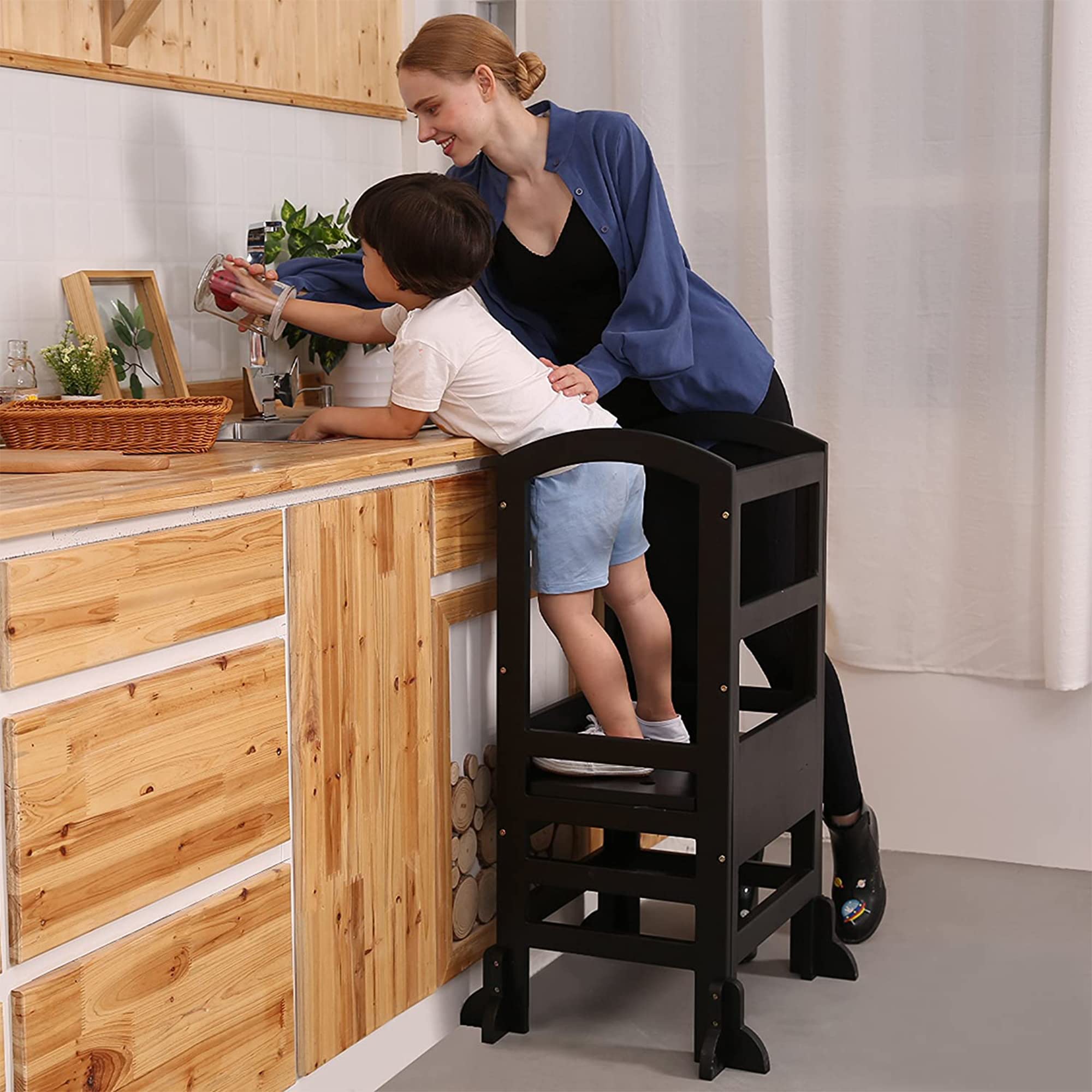 SDADI LT02B Adjustable Height Kids Kitchen Step Stool - 4-Level Learning Tower for Toddlers & Children - Safe for Kitchen, Bathroom & Playroom - Black (Perfect for Cooking, Washing Hands & Playtime)