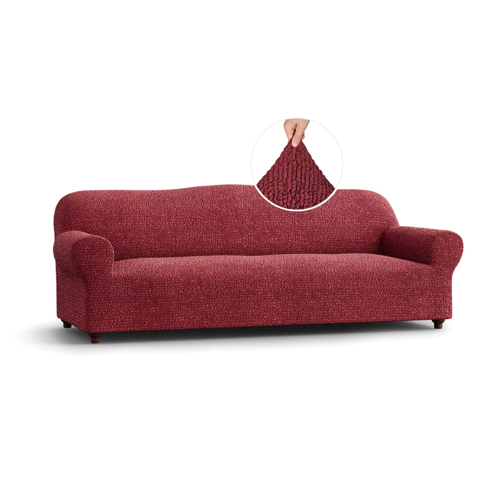 Stretch Sofa & Loveseat Slipcover - Washable Polyester Fabric Couch Cover - 1-Piece Form Fit Protector for Living Room Furniture - Mille Righe Collection in Burgundy - Perfect for Home Decor, Pet Protection, and Daily Use
