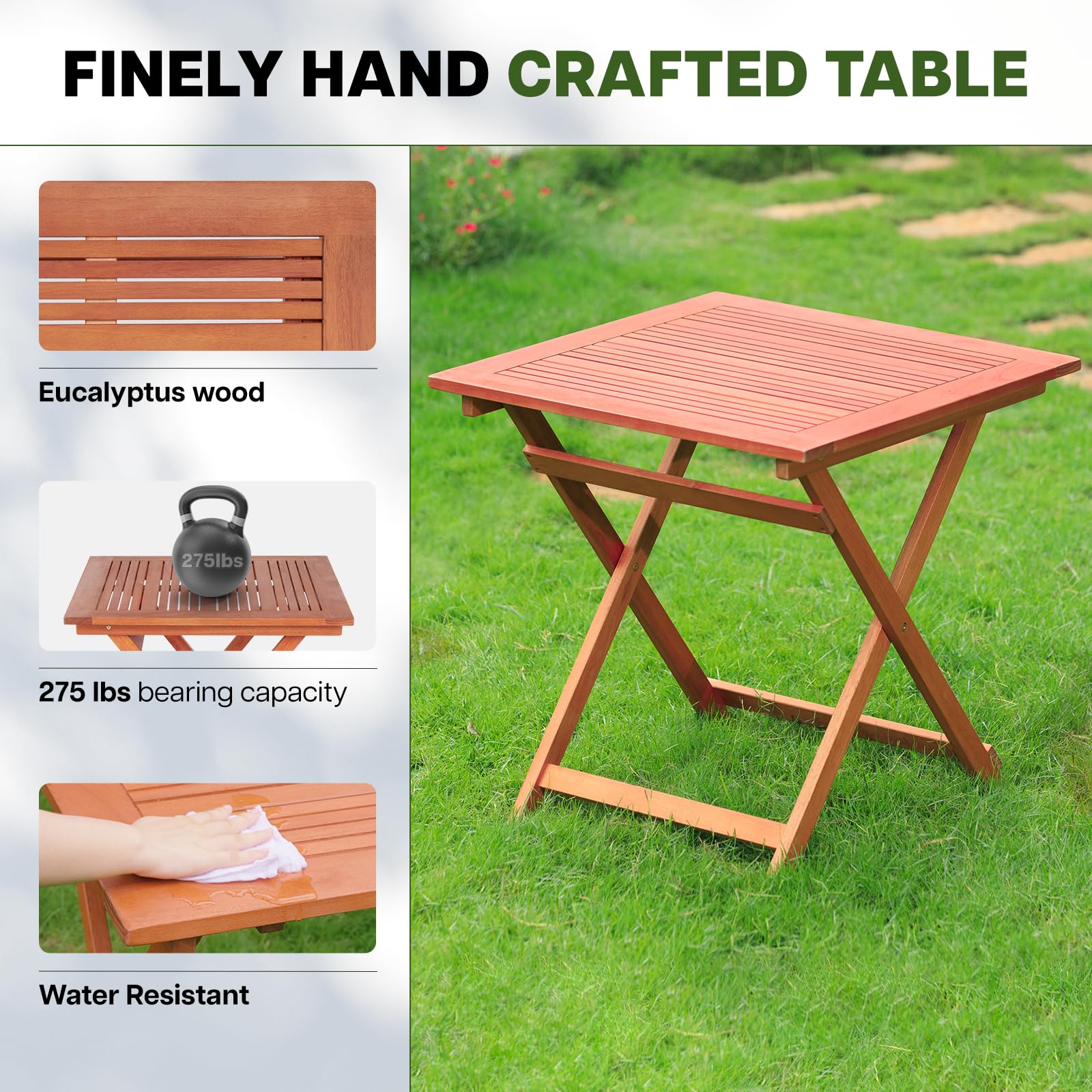 IDZO 27.75 Inch Square Eucalyptus Wood Patio Dining Table - Heavy Duty 275lbs Capacity Outdoor Furniture for Garden, Patio, Balcony - Perfect for Backyard BBQs, Poolside Dining & Small Space Entertaining