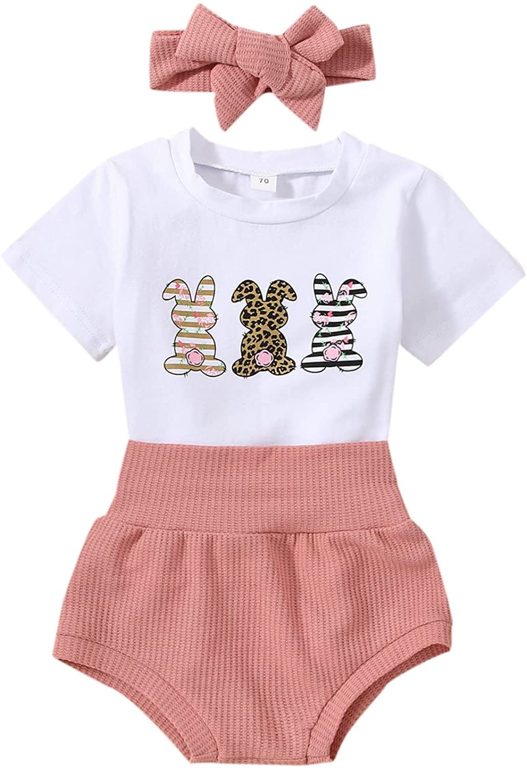 **Adorable Baby Girl Easter Outfit - Bunny Print Romper Onesie & Waffle Knit Shorts Set with Headband | Perfect for Easter Photos, Spring Parties & Family Gatherings**