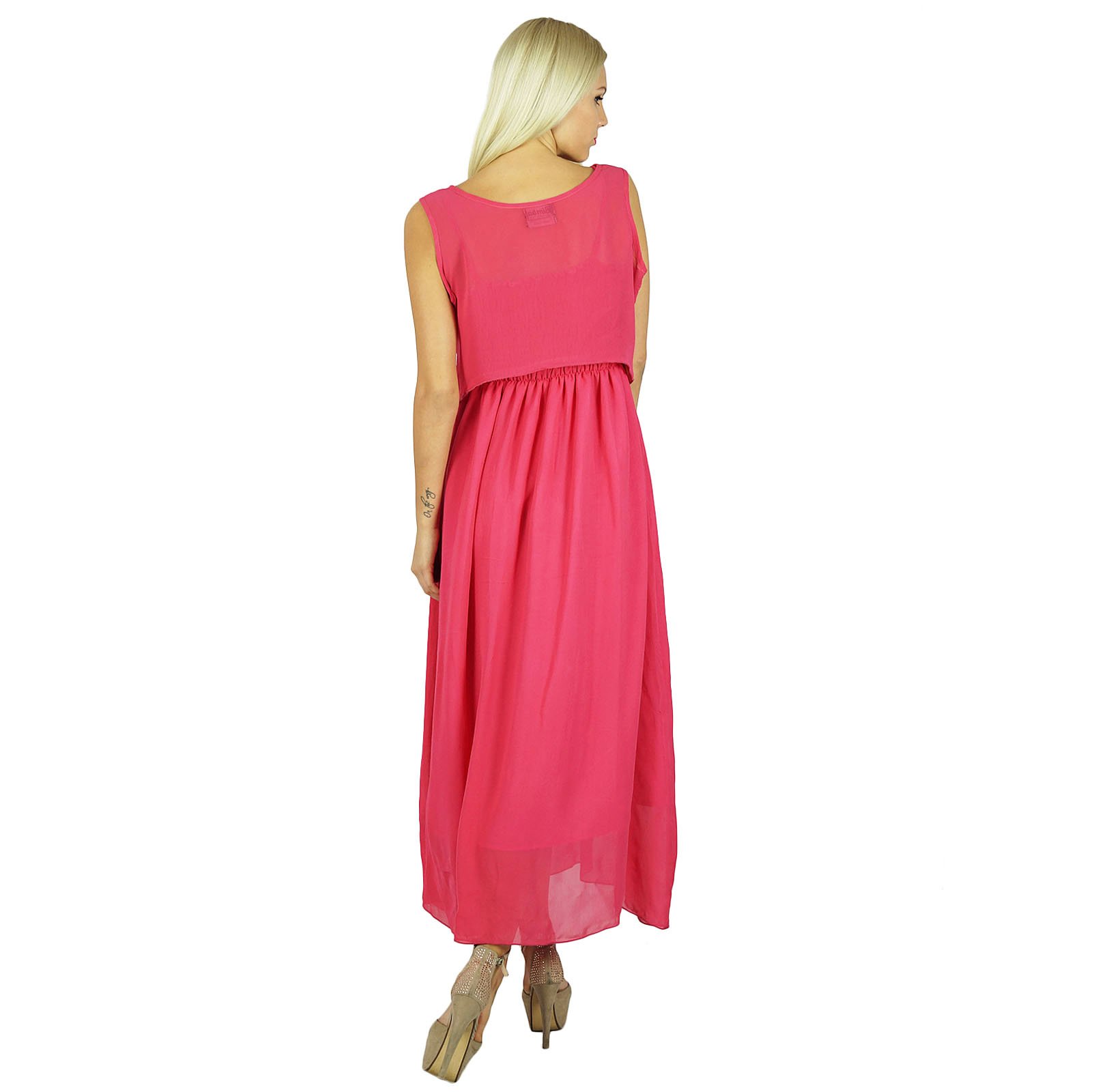Bimba Women's Long Maxi Dress 2 Piece Set - Flowy Georgette Smocked Gown with Ruffle Sleeves - Perfect for Beach Vacation, Summer Party & Boho Wedding
