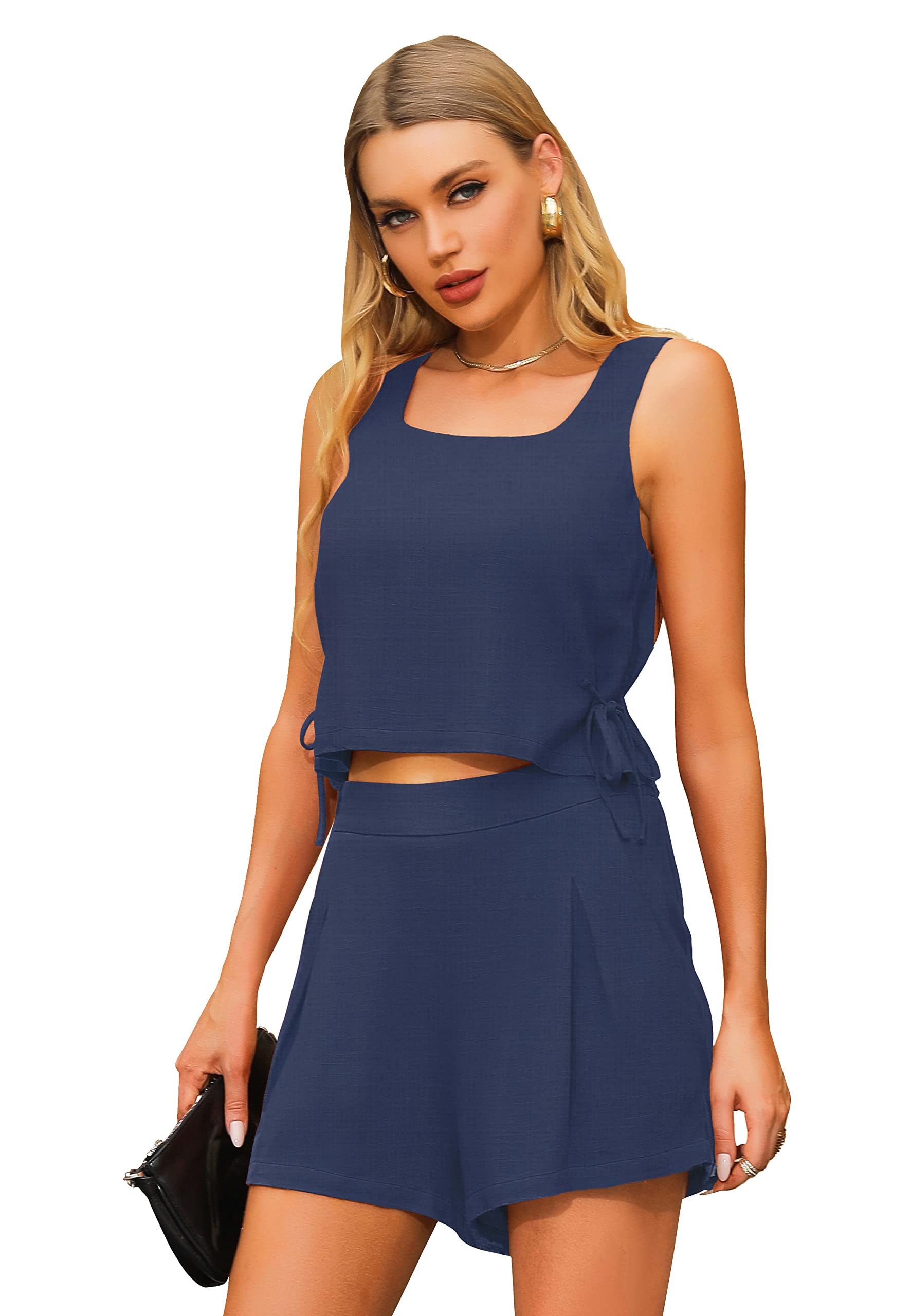 Women's 2-Piece Outfits - Casual Linen Shorts Sets with Crop Top | Trendy Matching Summer Vacation Clothes | Perfect for Beach Trips, Weekend Outings & Casual Wear