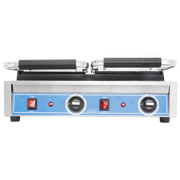Globe GSGDUE10 Bistro Series Double Sandwich Grill - 20 x 10 Inch Non-Stick Smooth Plates, 3200W Commercial Electric Griddle (208/240V) - Perfect for Restaurants, Diners & Food Trucks - Grill Paninis, Burgers & Breakfast Foods