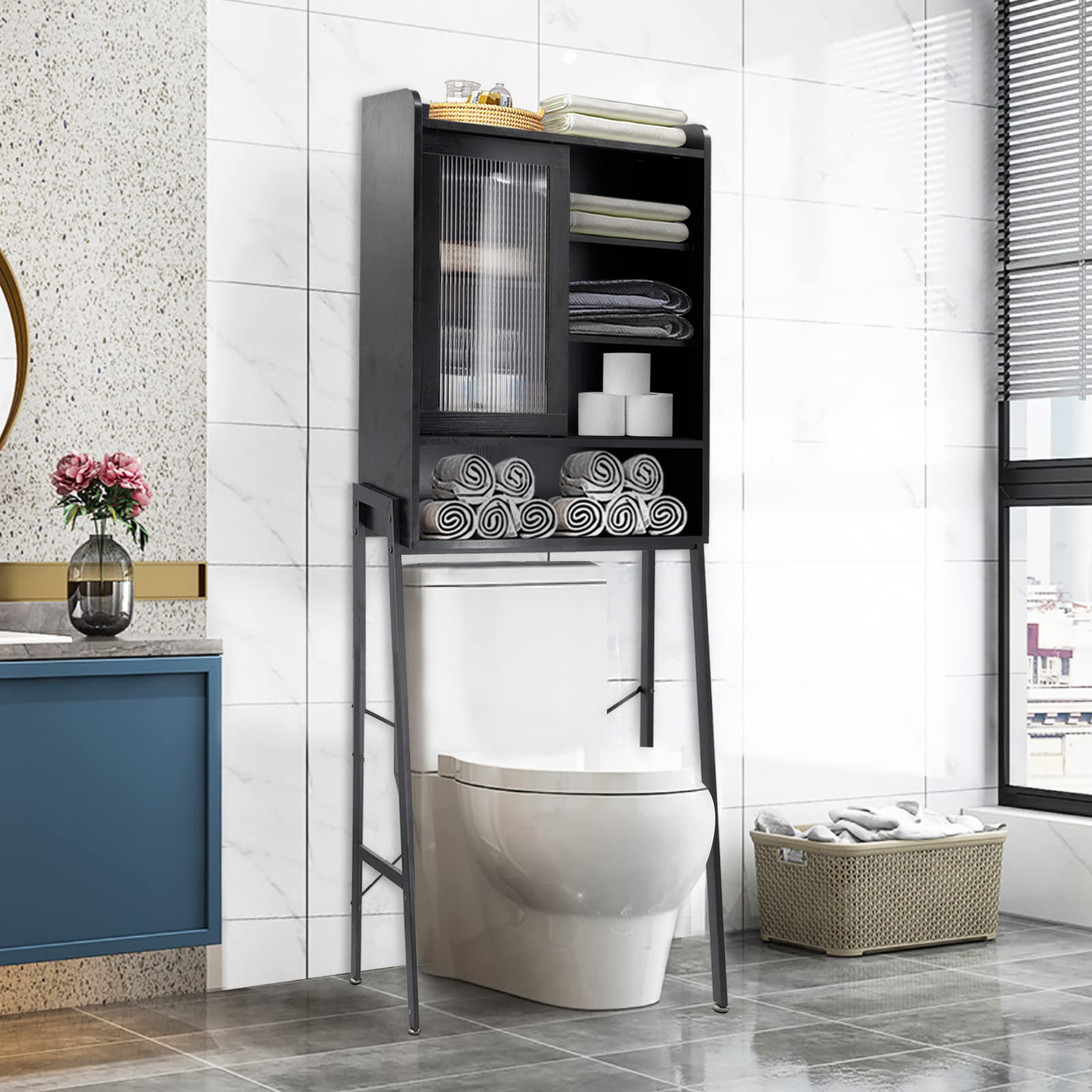 Over Toilet Storage Cabinet - Freestanding Bathroom Organizer with Adjustable Shelves & Acrylic Sliding Door | Space Saving Metal Frame Shelf for Towels, Toiletries & Bathroom Essentials | Perfect for Small Bathrooms, Apartments & Powder Rooms