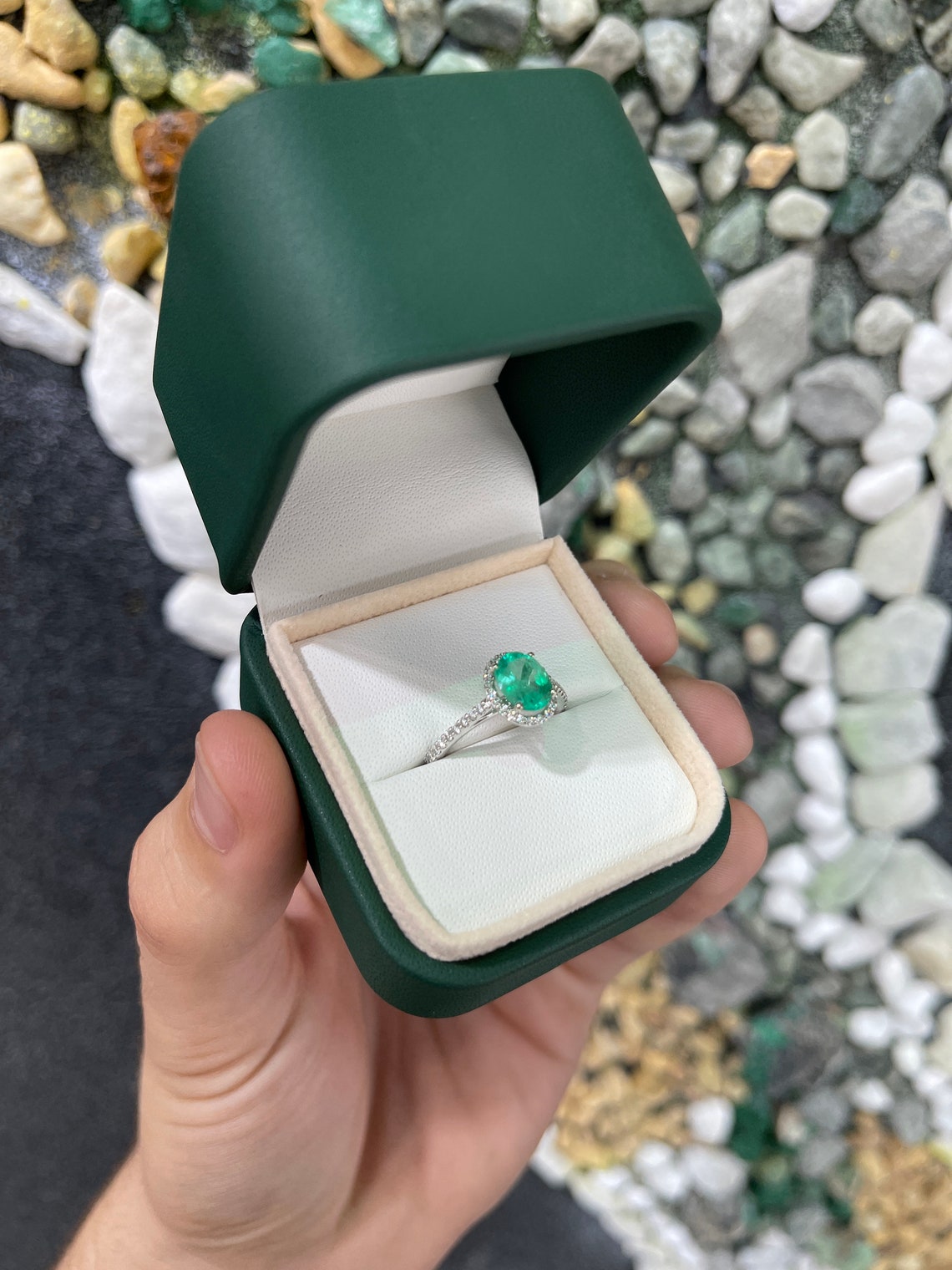 1.72tcw Colombian Emerald Promise Oval Cut Diamond Halo Engagement Ring in 14K White Gold - Perfect for Proposals, Anniversaries & Special Occasions
