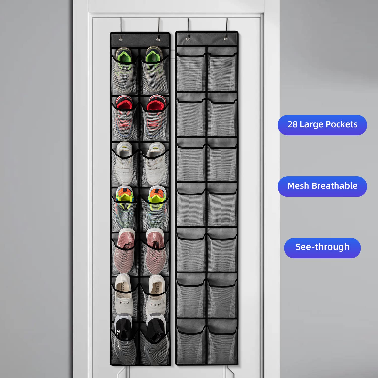 KEEPJOY Over The Door Shoe Organizer with 14 Deep Mesh Pockets & 4 Hooks - Space Saving Closet Storage for Shoes, Accessories & More (Grey, 2-Pack) - Perfect for Bedrooms, Closets, Dorms & Small Spaces