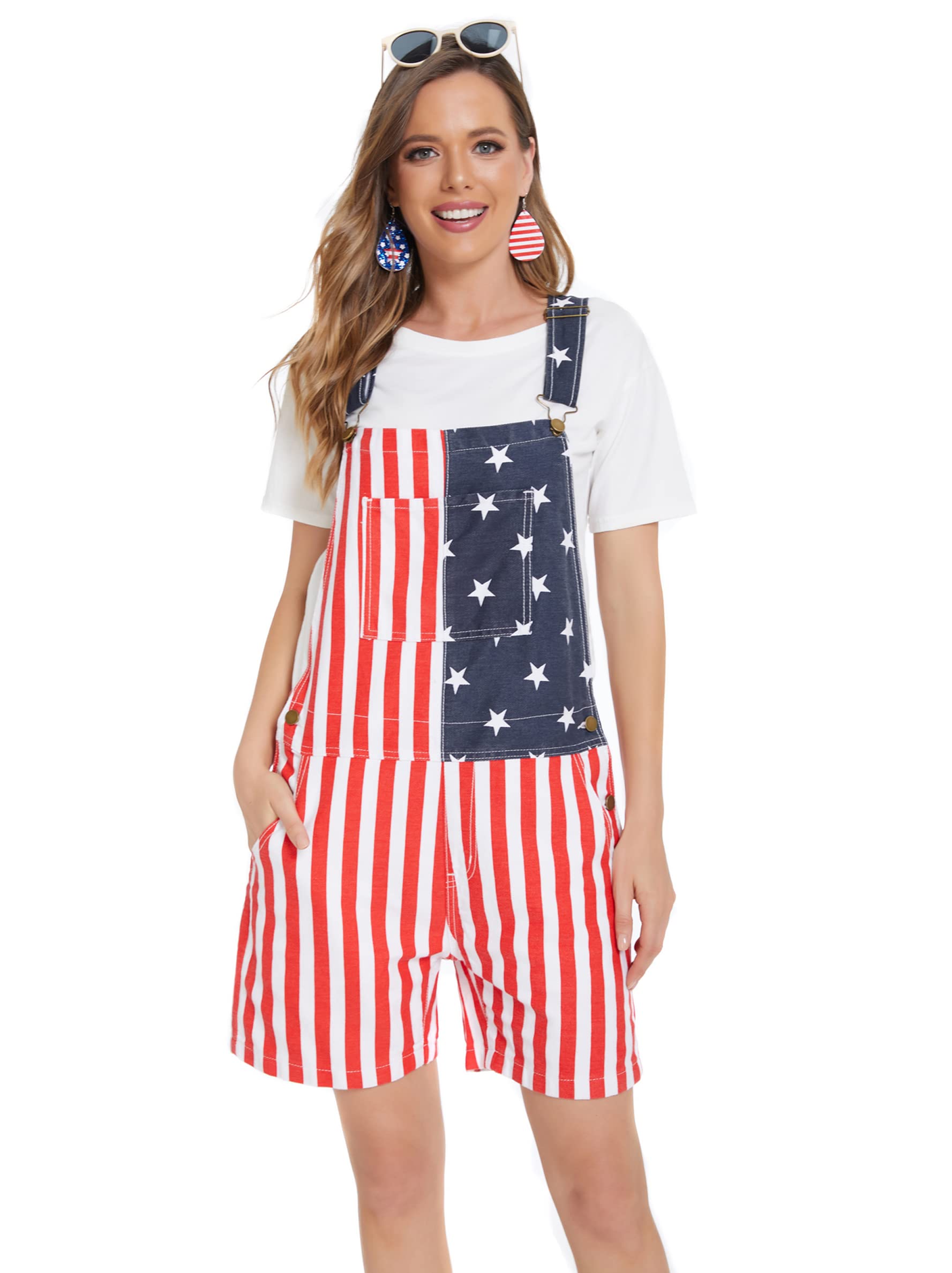 American Flag Denim Overalls Bib Shorts - Adjustable Strap Romper Jumpsuit for Men & Women | Casual Summer Outfit, Workwear & Patriotic Style