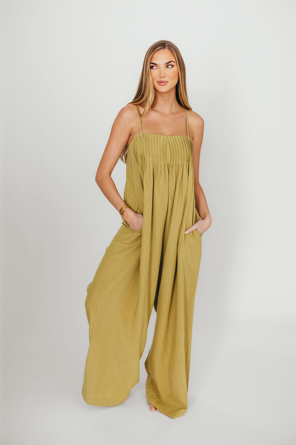 Adeline Pleated Jumpsuit for Women - Olive Green Wide Leg Romper with Pockets | Casual Chic Outfit for Brunch, Date Night & Summer Vacations