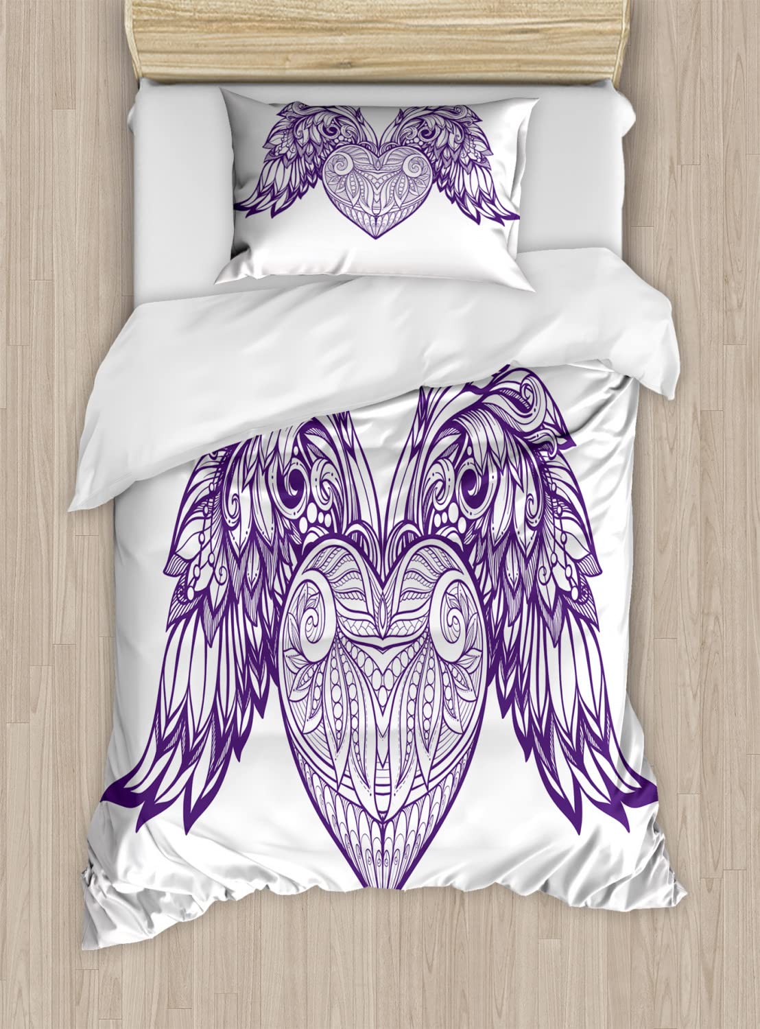 Ambesonne Angel Wings Duvet Cover Set - Bohemian Ornamental Heart with Wings Design, Love Feathers & Romantic Theme Bedding | 2 Duvet Covers & 4 Pillowcases, King Size 2-Pack in Dark Purple & Pale Mauve | Perfect for Master Bedroom, Guest Room & Bohemian Style Home Decor