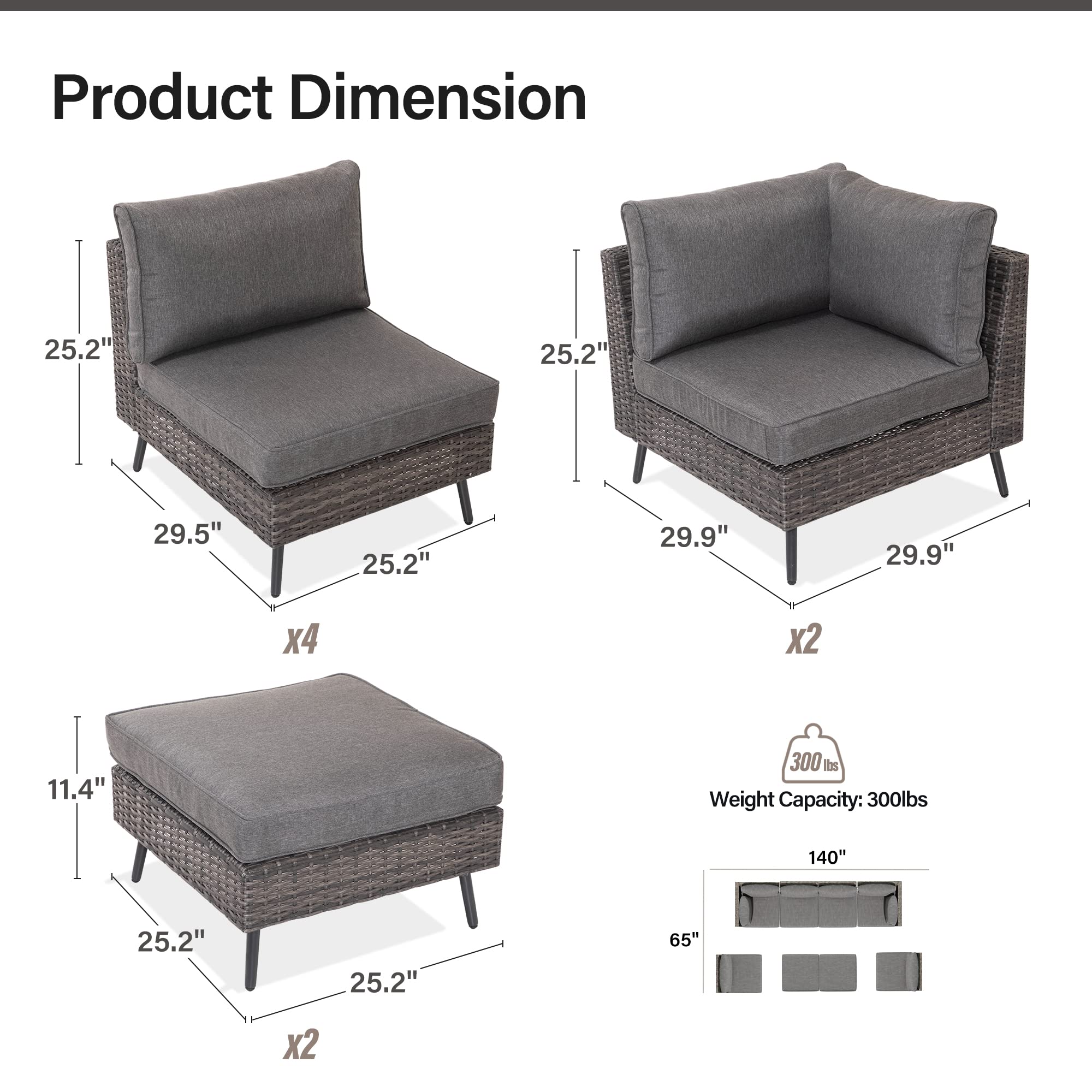 LUSAINT HOME 8-Piece Outdoor Sectional Sofa Set - All-Weather PE Rattan Patio Furniture with Thick Cushions, Grey - Perfect for Garden, Poolside, Backyard & Outdoor Entertaining
