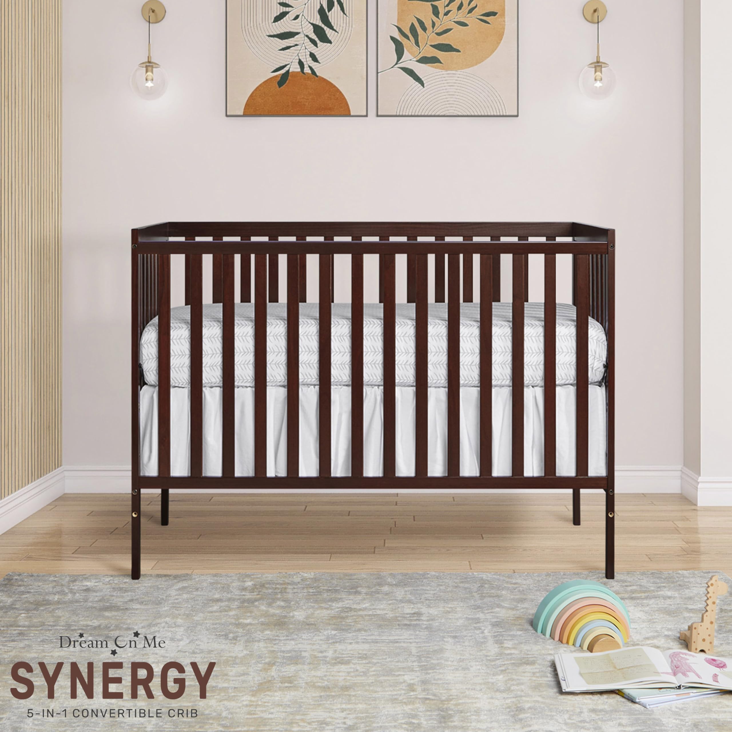 Dream On Me Synergy 5-in-1 Convertible Crib in Espresso – JPMA & Greenguard Gold Certified Solid New Zealand Pine Wood Baby Crib with 3 Mattress Height Adjustments – Perfect for Nursery, Daycare & Small Spaces