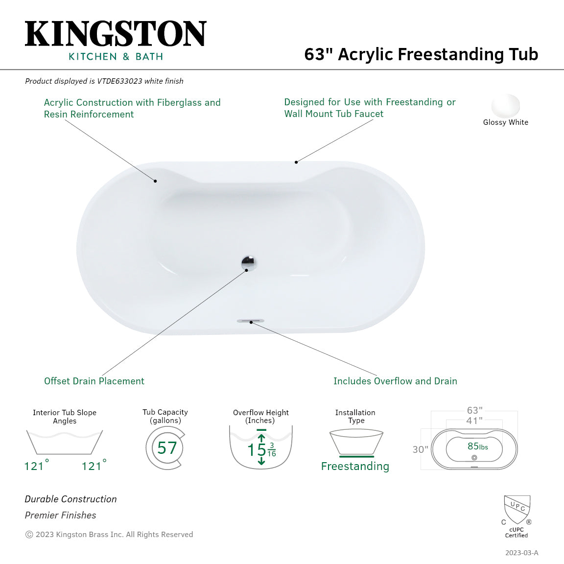 Aqua Eden 63-Inch Freestanding Acrylic Oval Bathtub - Double Ended Soaking Tub with Drain, Glossy White Finish for Luxury Bathroom & Spa Relaxation
