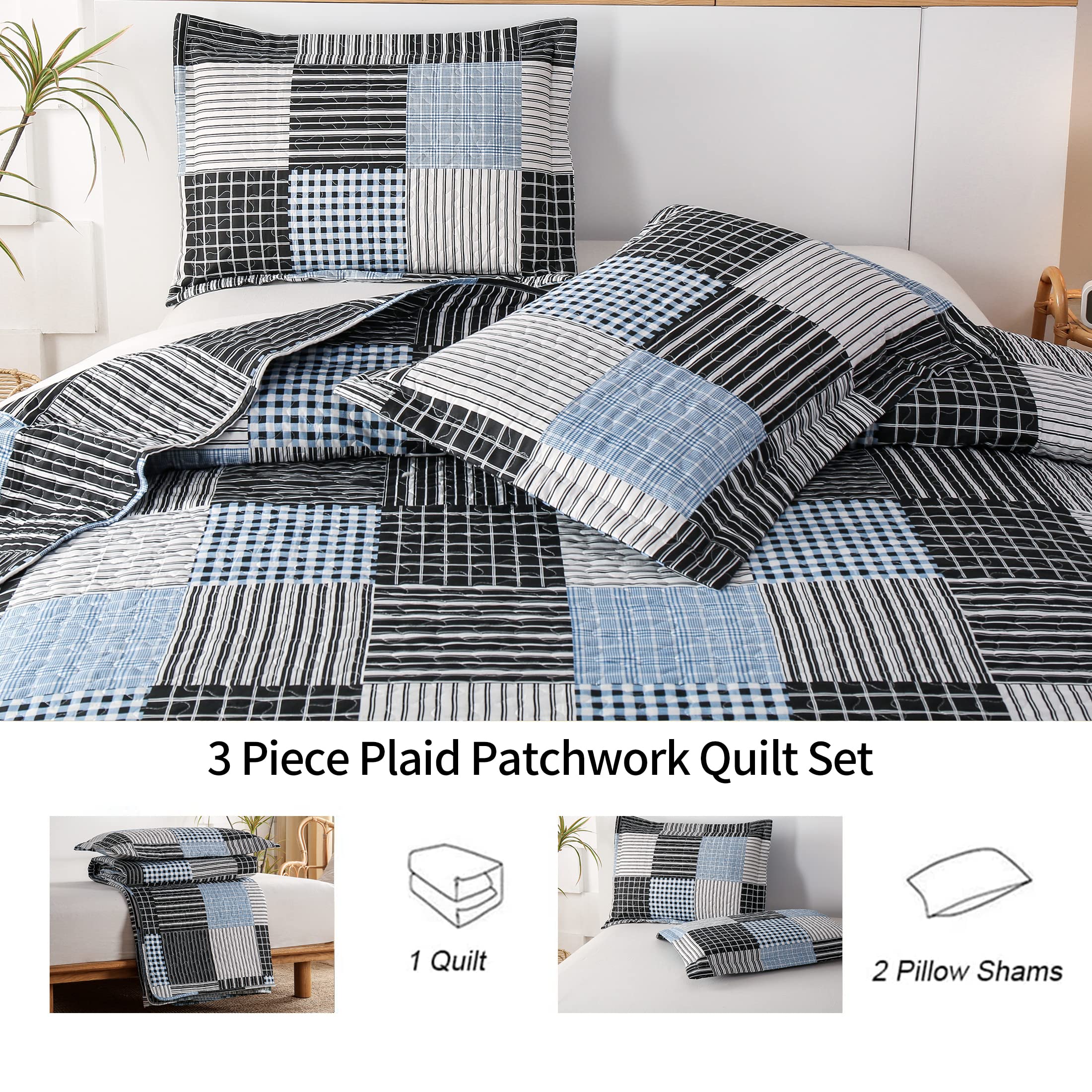 **King Size Reversible Quilt Set - Lightweight Plaid Patchwork Bedspread Coverlet for Men, Black & White Stripe Modern Home Collection | Cozy Bedroom Upgrade & Guest Room Decor**