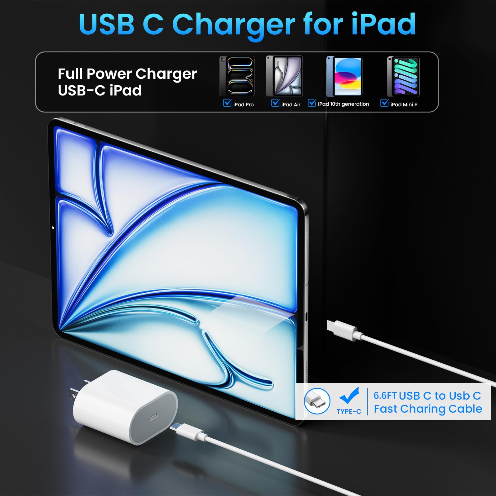 20W USB C Fast Charger with 6.6ft Cable - Compatible with iPad Pro 13/12.9/11 inch (2024-2018), iPad 10th Gen, iPad Air 11/13 inch (5th/4th Gen), iPad Mini 7/6th - PD Charging Block for Home, Office & Travel
