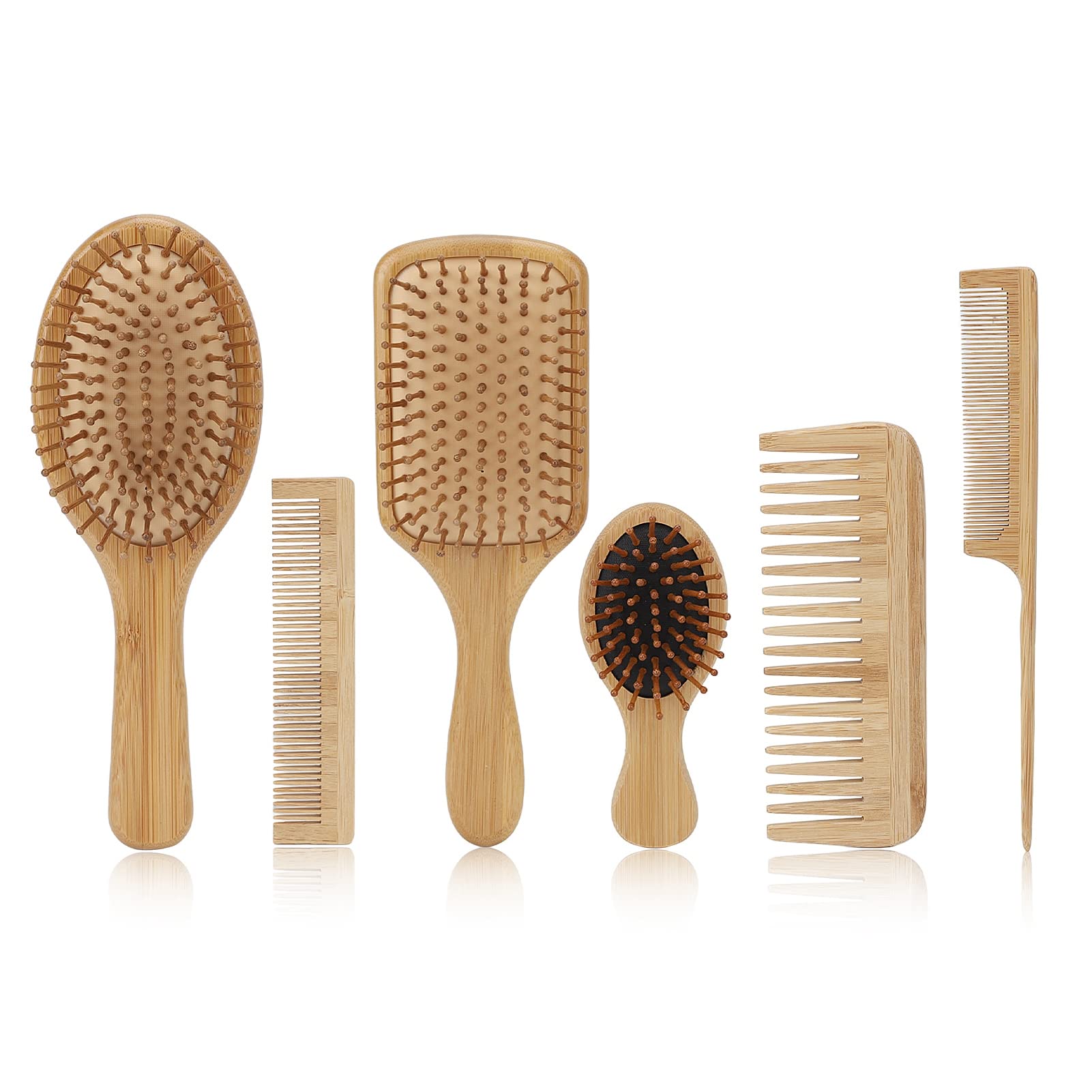 Ergonomic Hair Brush Comb Set - Eco-Friendly Detangling Brush with Natural Bamboo for Smooth Hair & Shine, 6-Piece Set for Home, Travel & Salon Use