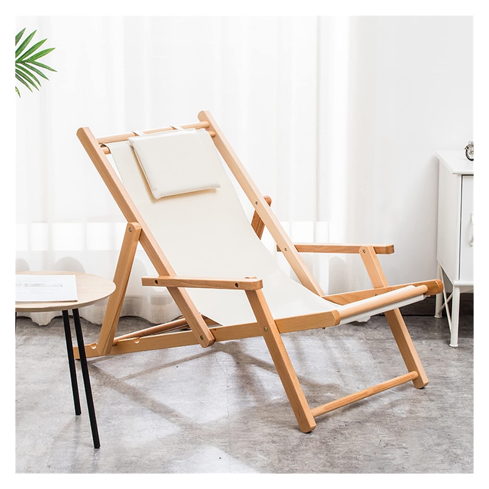 LEIYAN Outdoor Beach Sling Chair - Adjustable Wooden Deck Lounger with Canvas & Armrests - Ergonomic Folding Patio Chair for Garden, Balcony, Poolside - Perfect for Relaxing in White