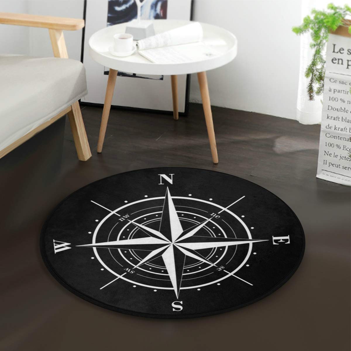 ALAZA Compass Wind Rose Black White Round Area Rug 3' Diameter (92 cm) - Non-Slip Living Room & Bedroom Rug for Home Decor, Dorm, Office - Vintage Nautical Theme Floor Mat for Coastal Style Interiors