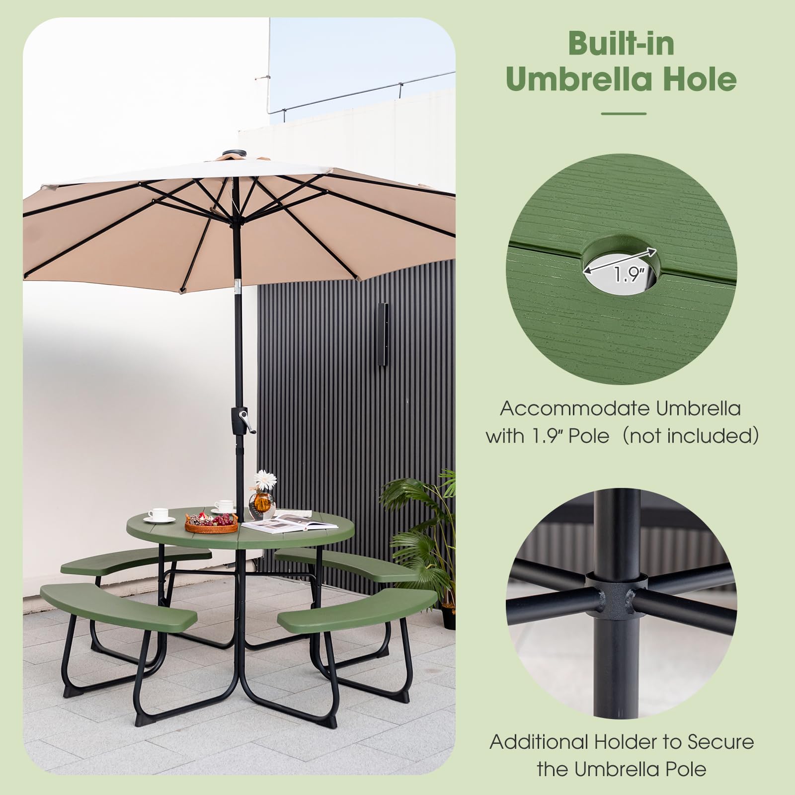 Giantex 8-Person Round Outdoor Picnic Table Set with Umbrella Hole - HDPE Top & Sturdy Metal Frame, 2000LBS Capacity - Patio, Deck, Backyard, Garden Furniture (Green) | Perfect for Family Gatherings, BBQs, and Outdoor Dining