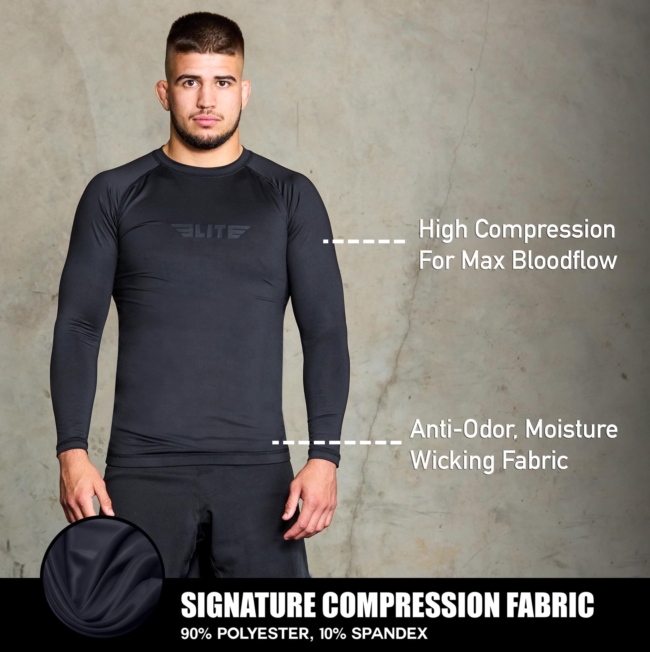 Elite Sports Men's BJJ Rash Guard - Long Sleeve Compression Shirt for Jiu Jitsu, MMA & NoGi Training - Moisture Wicking & UV Protection for Grappling, Wrestling & Martial Arts