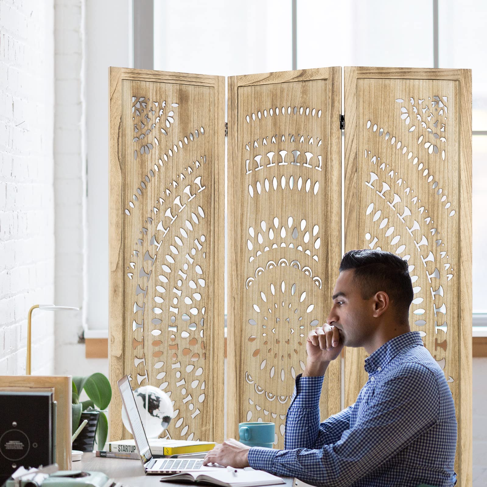 3 Panel Wood Folding Room Divider Screen - 66.9 Inch Privacy Partition for Living Room, Bedroom & Office - Natural Finish, No Assembly Required - Perfect for Home Decor, Space Separation & Room Dividers