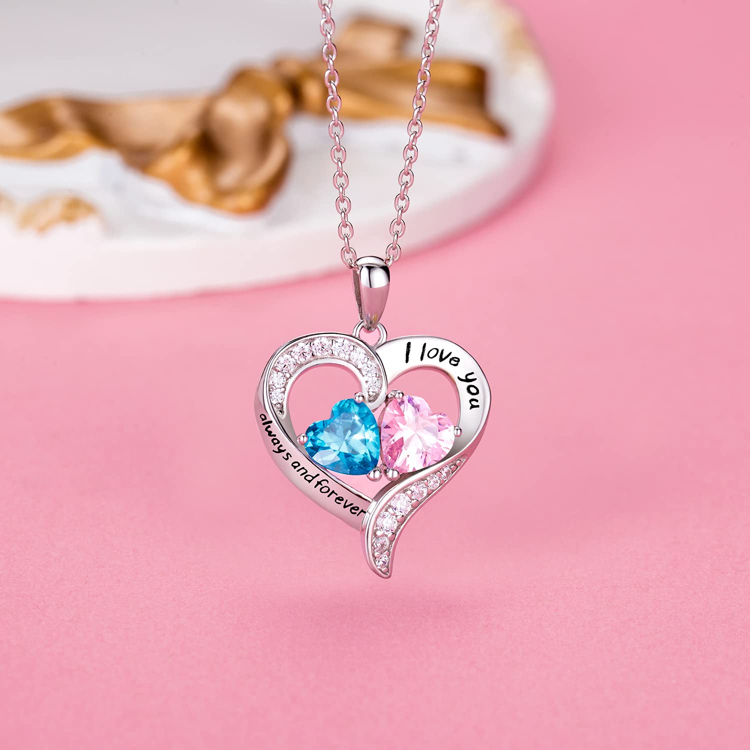 BlingGem Heart Necklaces for Women - 925 Sterling Silver Birthstone Necklace with 2 Custom Birthstones, Personalized Pendant Jewelry Gift for Wife, Mom, Girlfriend - Perfect for Valentine's Day, Anniversary, Mother's Day & Birthday Gifts