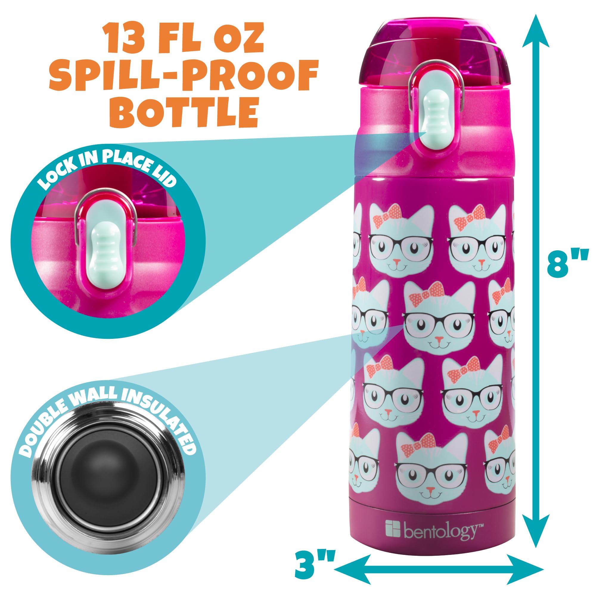 Bentology Insulated Kids Lunch Bag Set with Matching Reusable Water Bottle & Hard Ice Pack - Pink Blue Kitty Cat Design - Stainless Steel Thermos & Insulated Tote - Perfect for School, Picnics, and Outdoor Activities