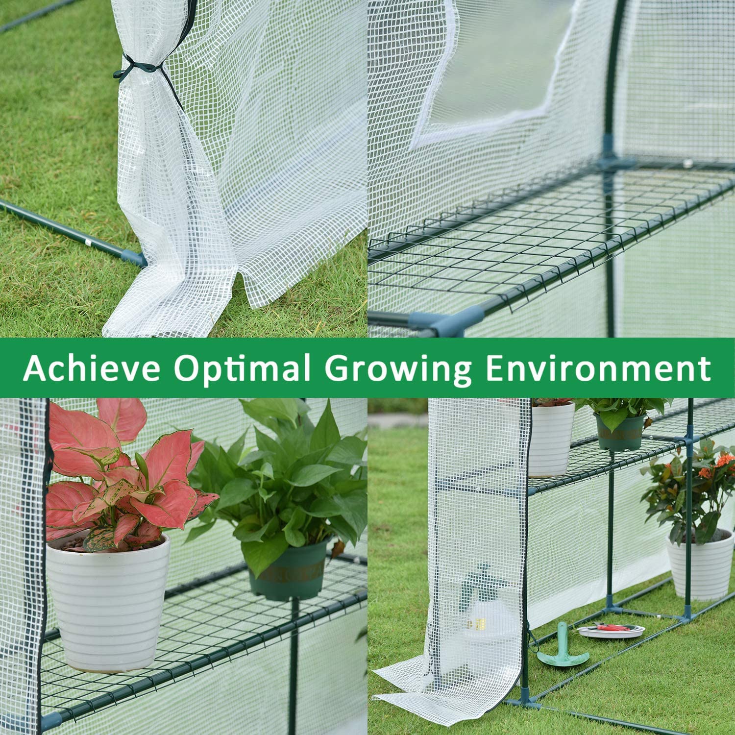 Aoodor 6.7ft x 3.3ft x 7.2ft Walk-in Lean-to Wall Greenhouse - UV Protected & Water Resistant White Polycarbonate Panel with 2 Zipper Doors for Backyard, Patio & Urban Gardening