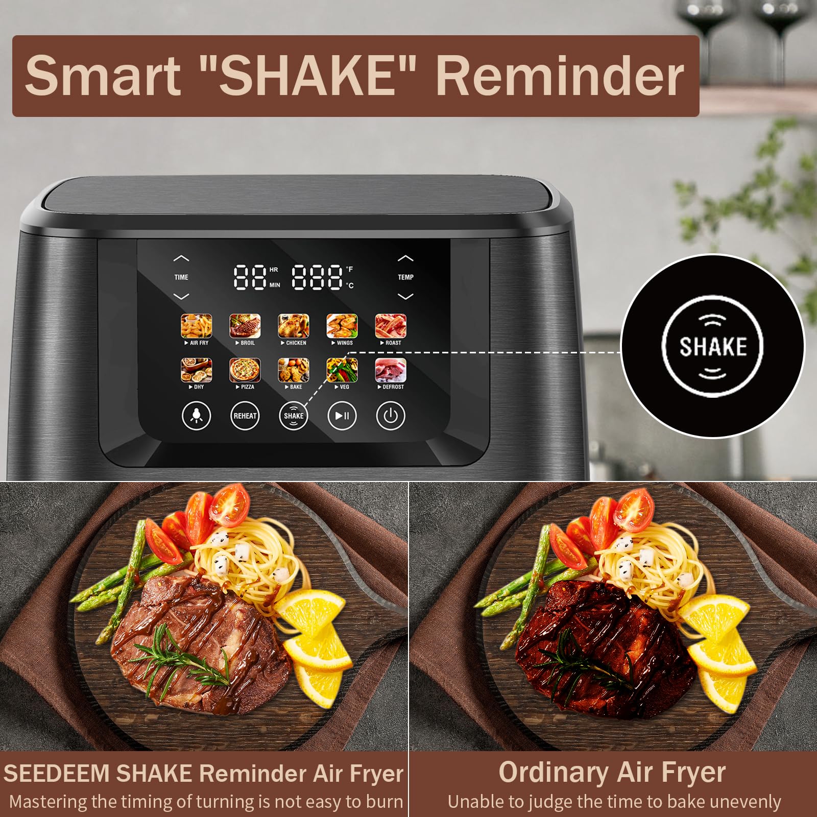 SEEDEEM Max XL 8-Quart Air Fryer Oven - 10-in-1 Countertop Convection Toaster Oven with LCD Touchscreen, Clear View Window - Bake, Roast, Broil, Dehydrate - Perfect for Family Dinners, Meal Prep & Healthy Cooking (Black)