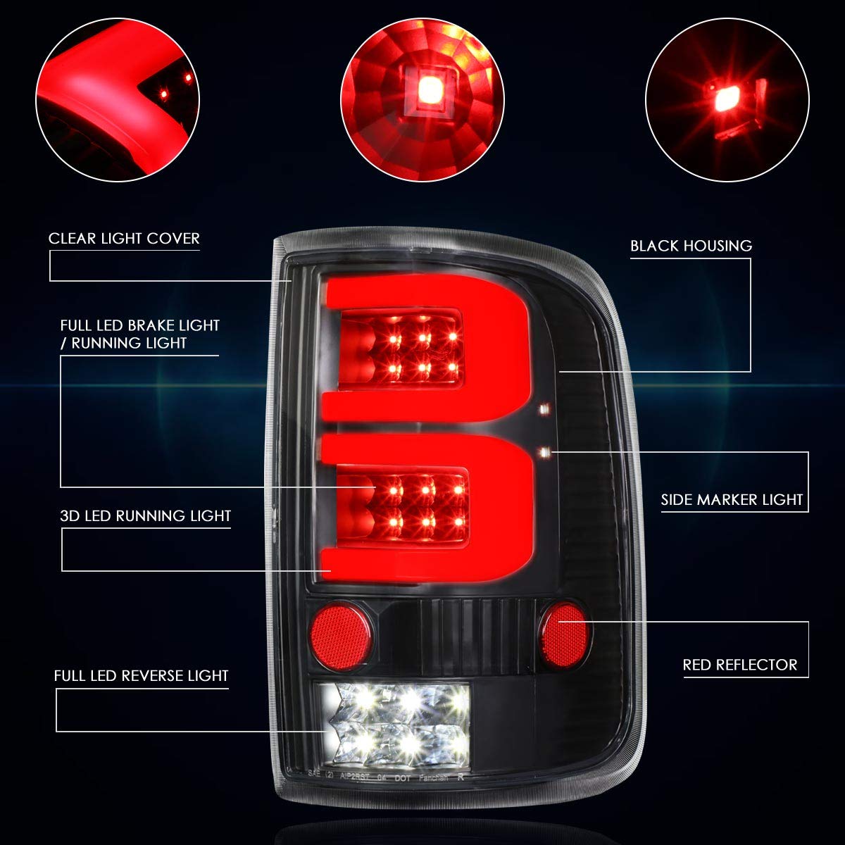 3D LED C-Shape Tail Lights Brake Lamps Assembly - Black Housing & Clear Lens - Compatible with 2004-2008 Ford F150/Lobo - Enhanced Visibility & Style for Night Driving & Custom Truck Upgrades